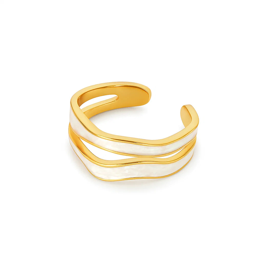 Anillo ZAYA ajustable de doble banda ondulada con nácar, baño de oro 18K; a prueba de agua, no se oscurece, hipoalergénico y con garantía de por vida.