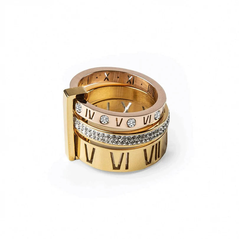 Anillo Aro Triple Números Romanos - Baño de Oro 18K