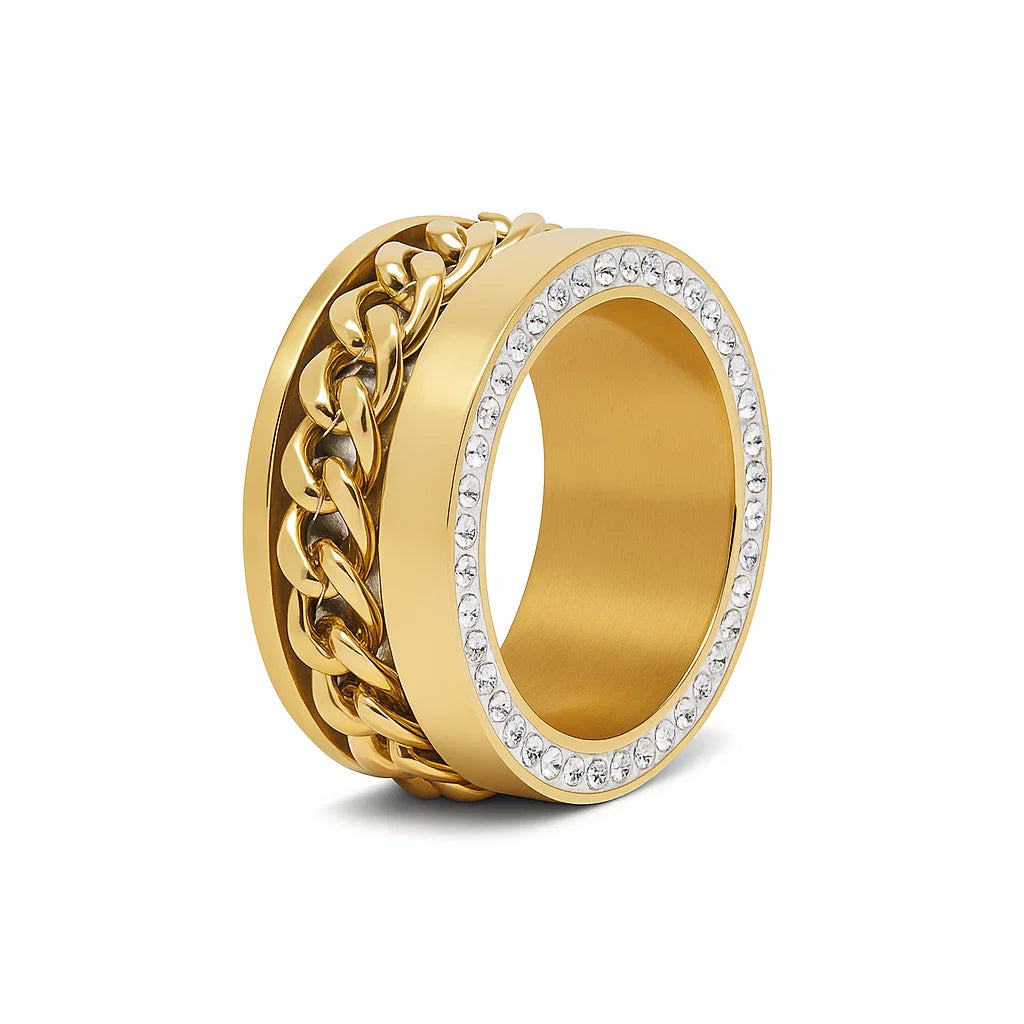 Anillo ZAYA ancho con cadena central y borde de zirconias, baño de oro 18K; hipoalergénico, a prueba de agua y con garantía de por vida.