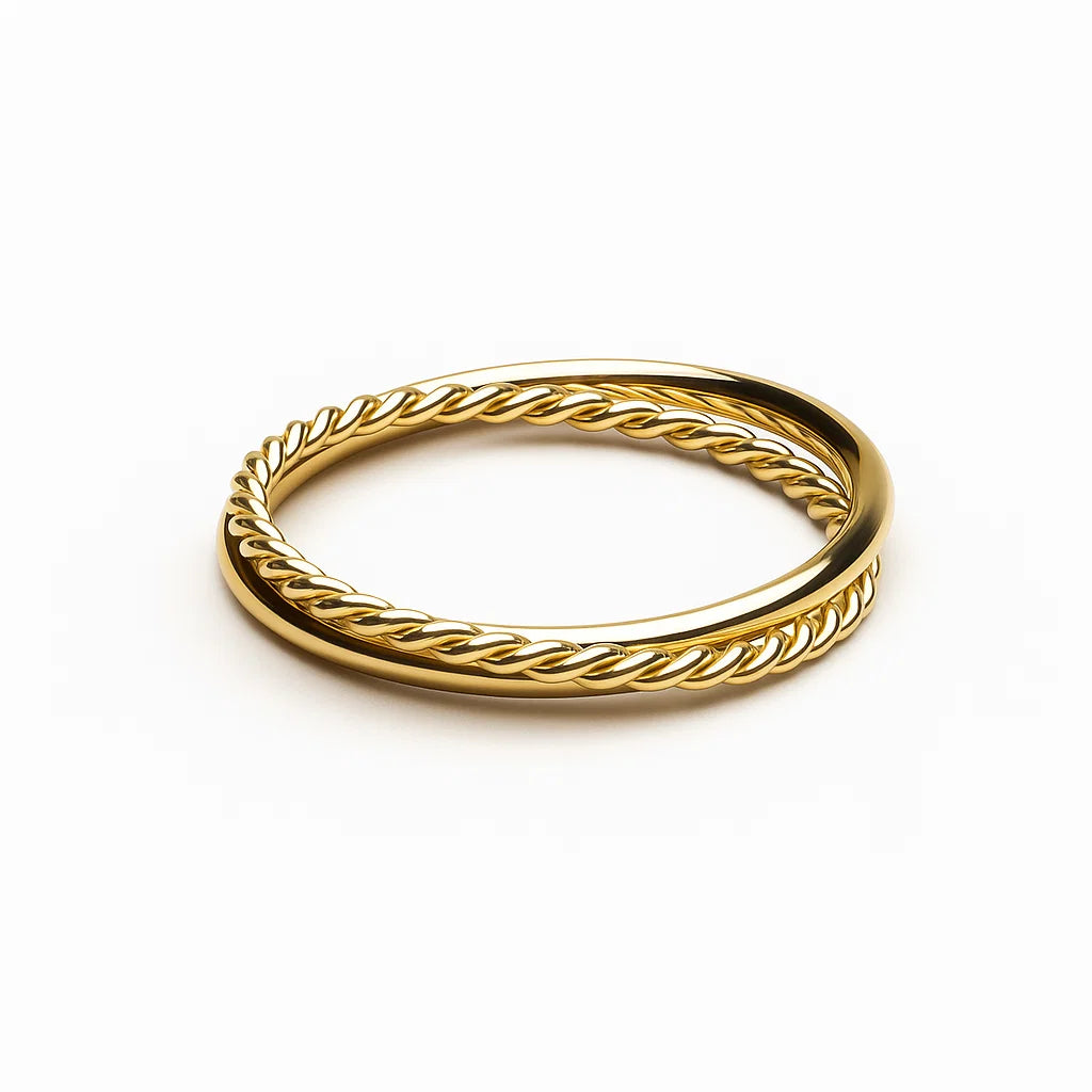 Anillo Harmony Doble dorado, dos aros finos entrelazados (liso y cordón), baño de oro 18K sobre acero inoxidable 316L, resistente al agua.