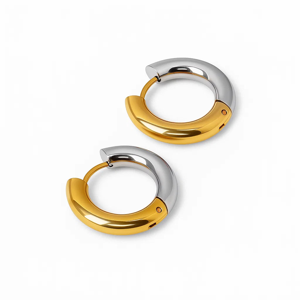 Aros ZAYA argolla bicolor dorado y plateado, baño de oro 18K; a prueba de agua, no se oscurecen, hipoalergénicos y con garantía de por vida.