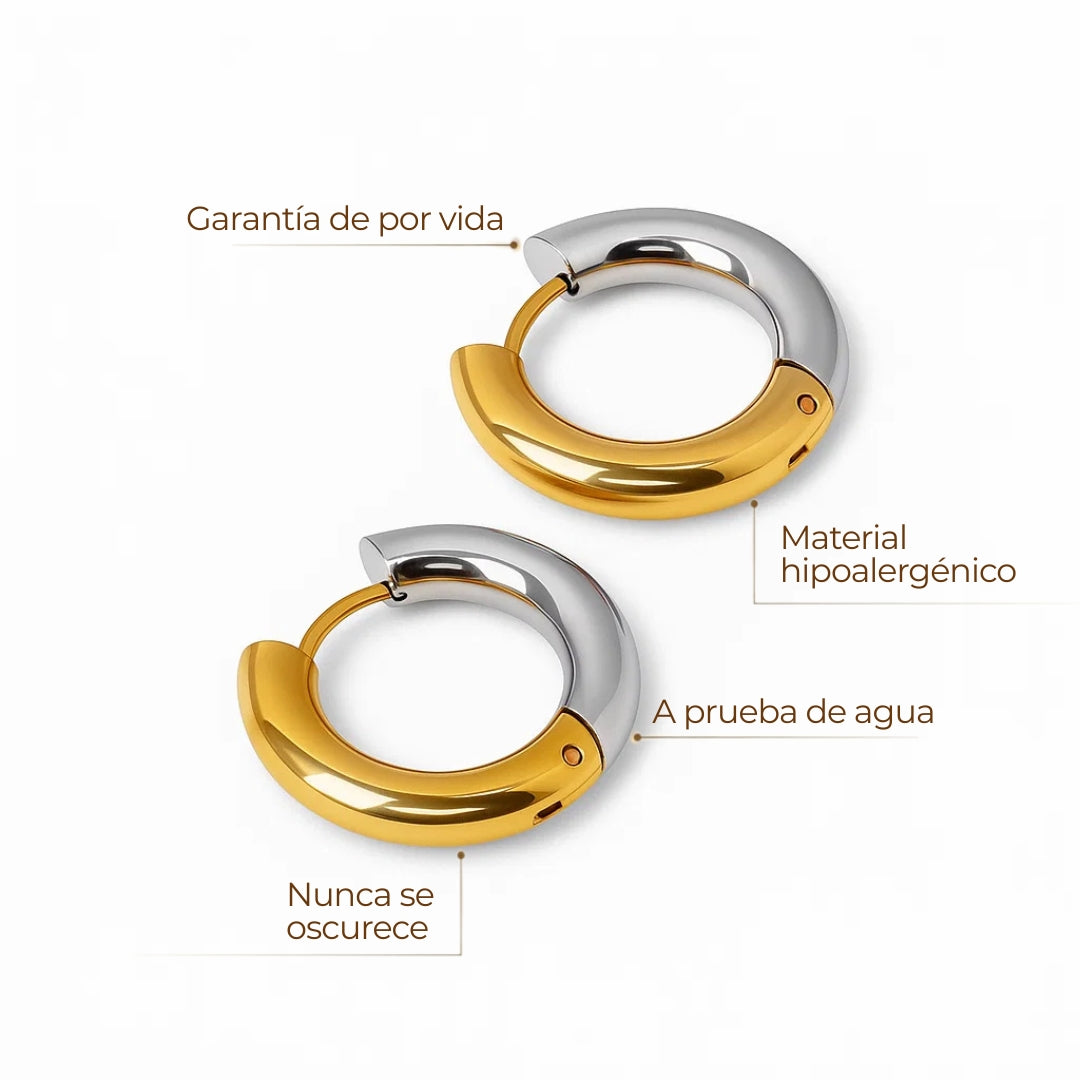 Aros ZAYA argolla bicolor dorado y plateado, baño de oro 18K; a prueba de agua, no se oscurecen, hipoalergénicos y con garantía de por vida.