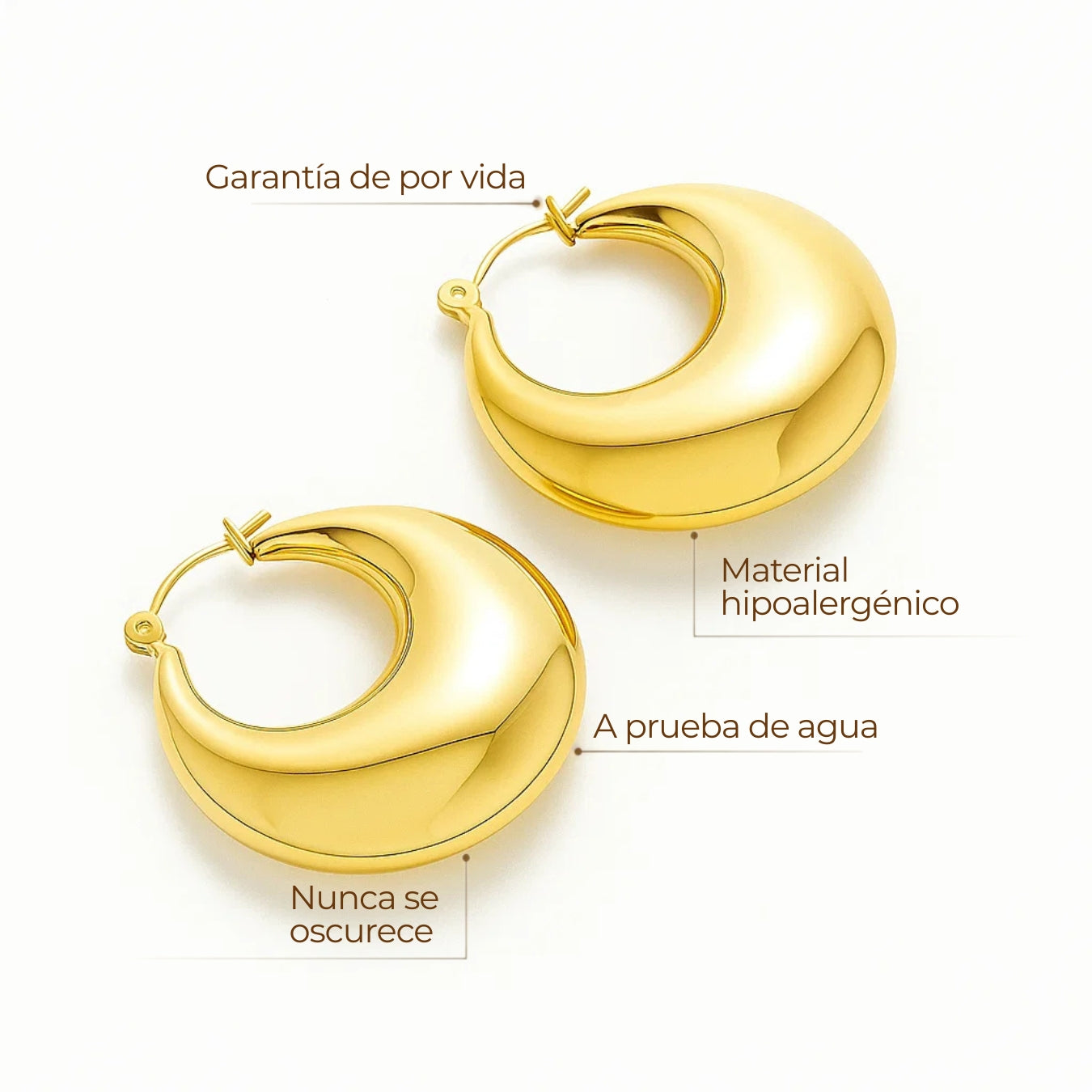 Aros dorados voluminosos estilo media luna, acabado liso y brillante, baño de oro 18K en acero inoxidable 316L.