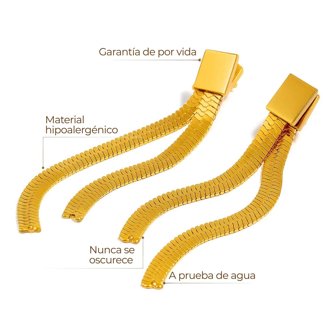 Aros largos Catarina con dos cintas de malla tipo serpiente, baño de oro 18K; hipoalergénicos, a prueba de agua y con garantía de por vida.
