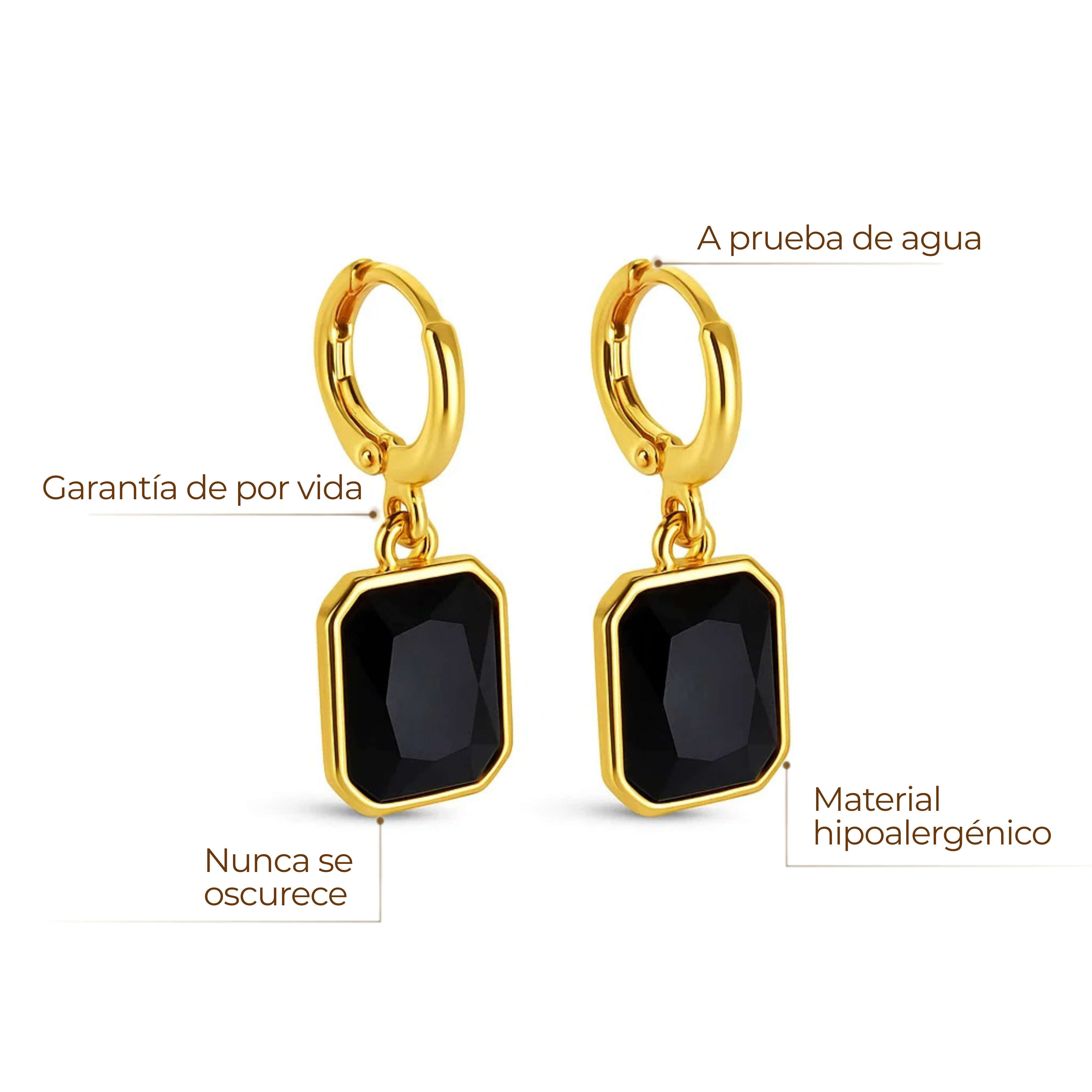 Aros dorados tipo argolla con colgantes rectangulares de cristal negro en baño de oro 18K de ZAYA