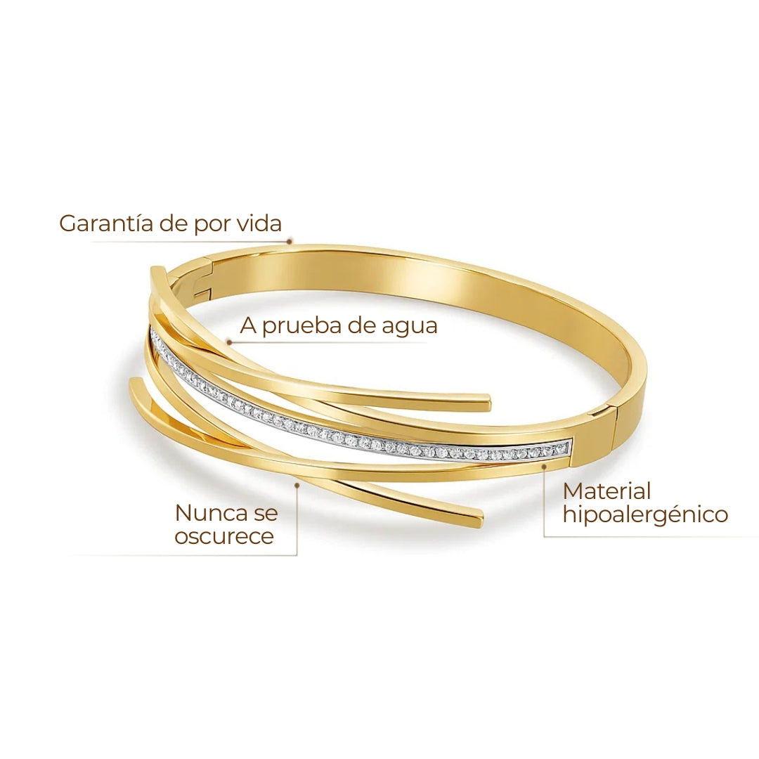 Brazalete ZAYA Florence con zirconias y líneas superpuestas, baño de oro 18K; a prueba de agua, hipoalergénico y con garantía de por vida.