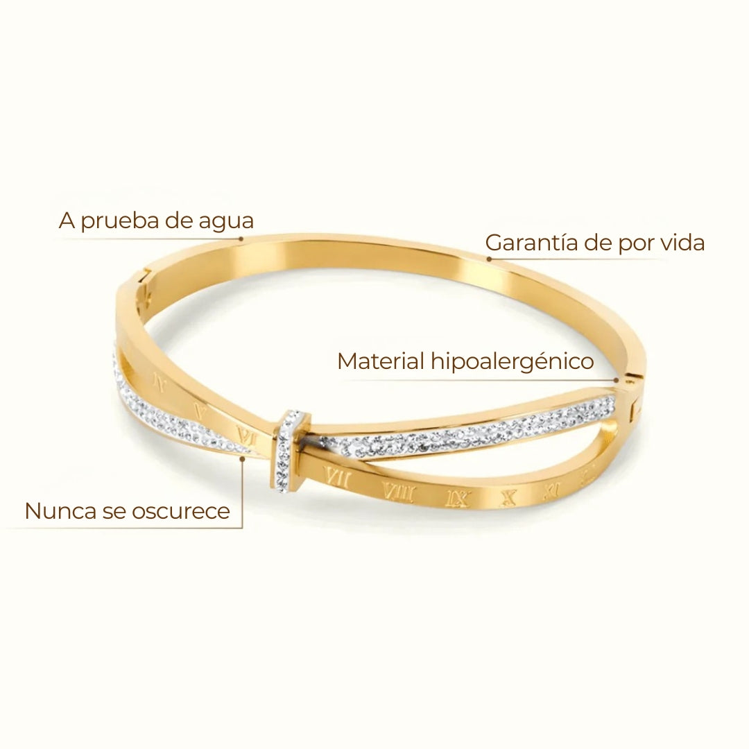 Brazalete ZAYA con números romanos y circonias pavé, baño de oro 18K; a prueba de agua, no se oscurece, hipoalergénico y con garantía de por vida.