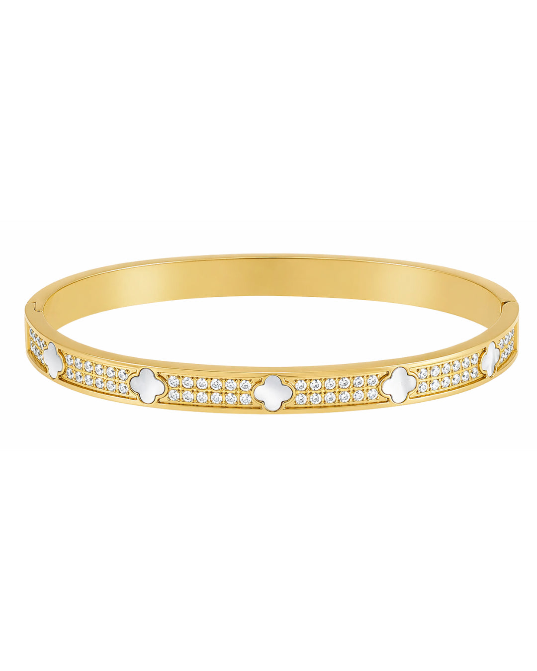 Brazalete Trébol Blanco con Zirconias – Baño de Oro 18K