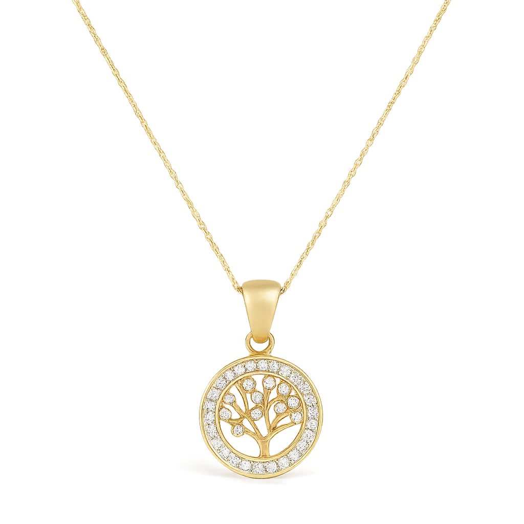 Collar ZAYA con dije Árbol de la Vida y circonias, baño de oro 18K; hipoalergénico, a prueba de agua y con garantía de por vida