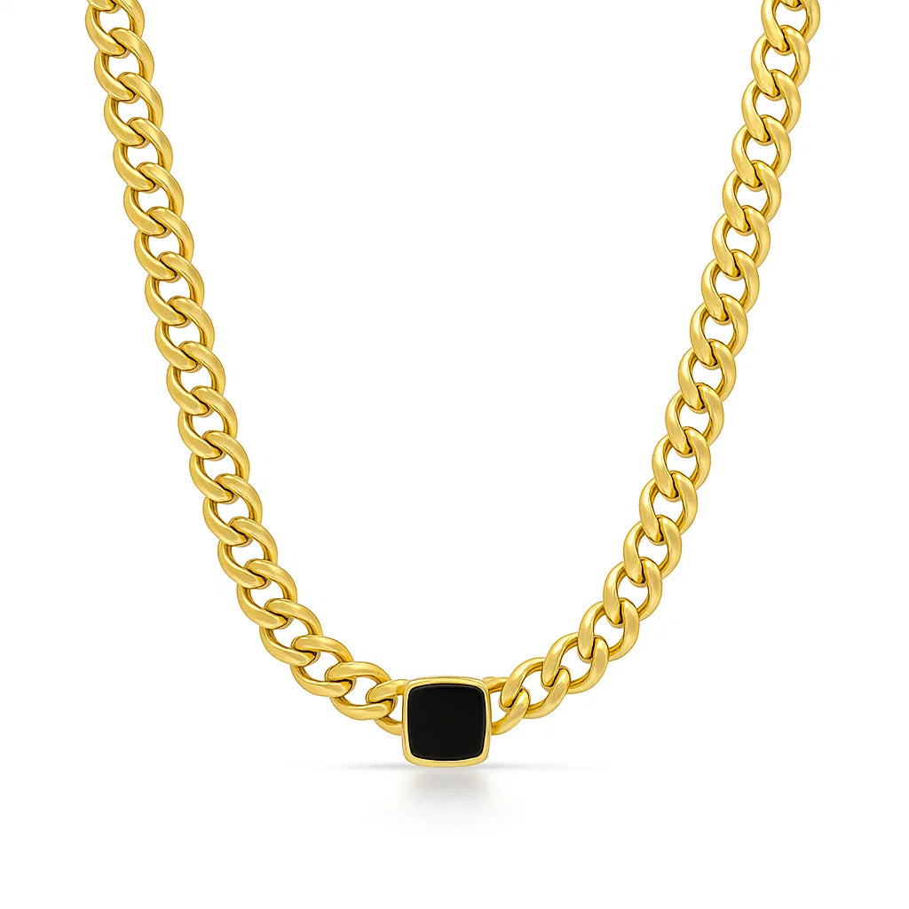 Collar ZAYA cadena grumet con ónix negro cuadrado, baño de oro 18K; a prueba de agua, no se oscurece, hipoalergénico y con garantía de por vida.