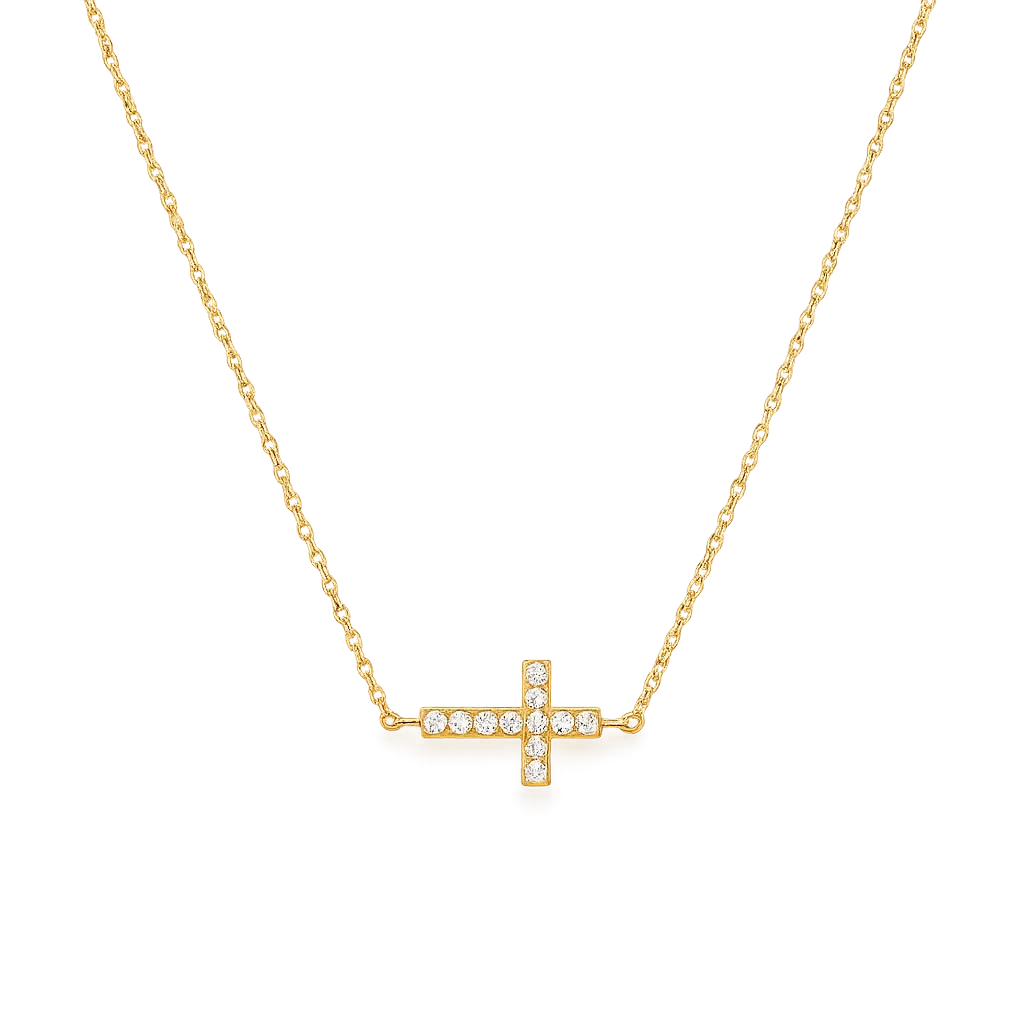 Collar ZAYA con cruz de circonias, baño de oro 18K; hipoalergénico, a prueba de agua y con garantía de por vida