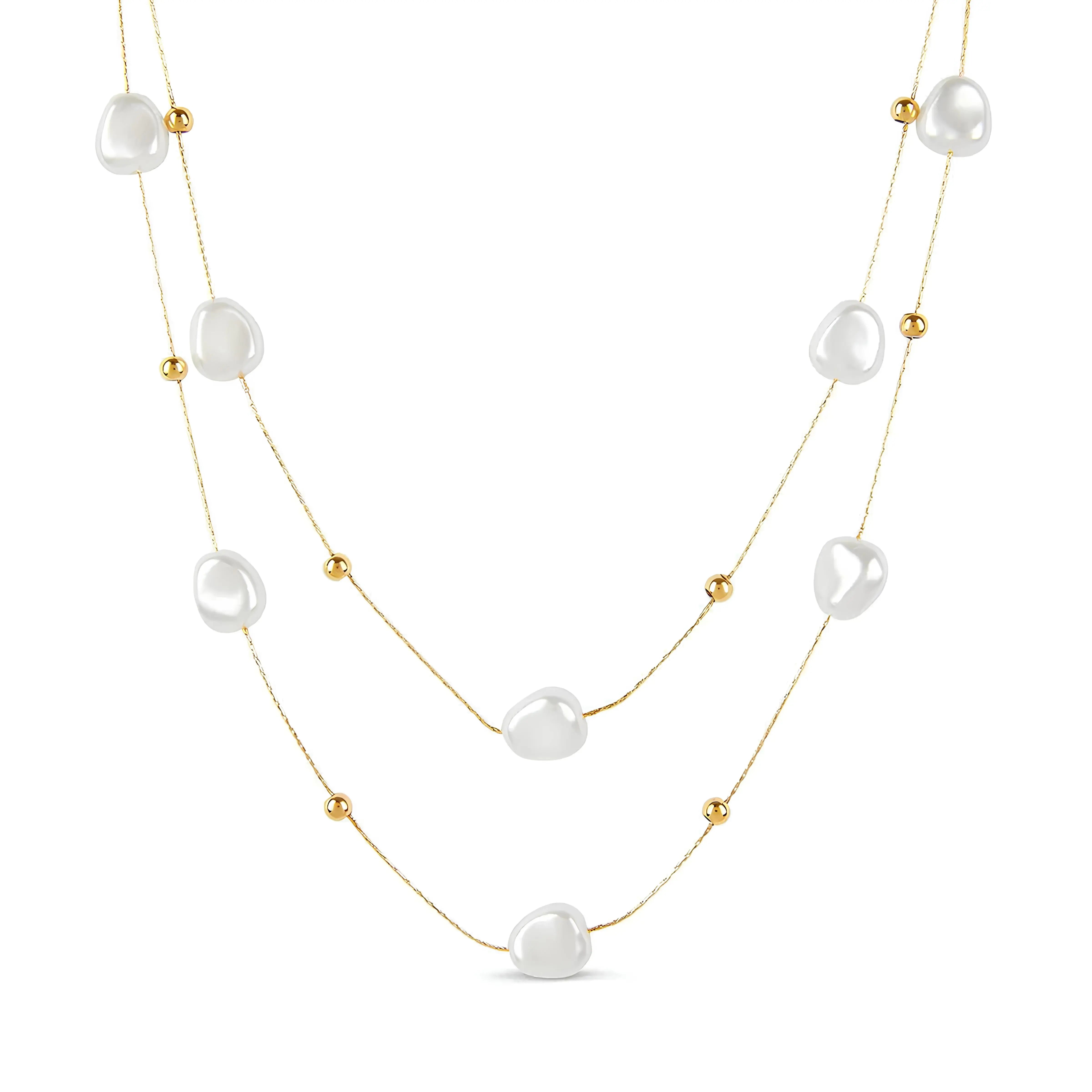 Collar doble ZAYA con perlas irregulares y esferas doradas, baño de oro 18K; hipoalergénico, a prueba de agua y con garantía de por vida