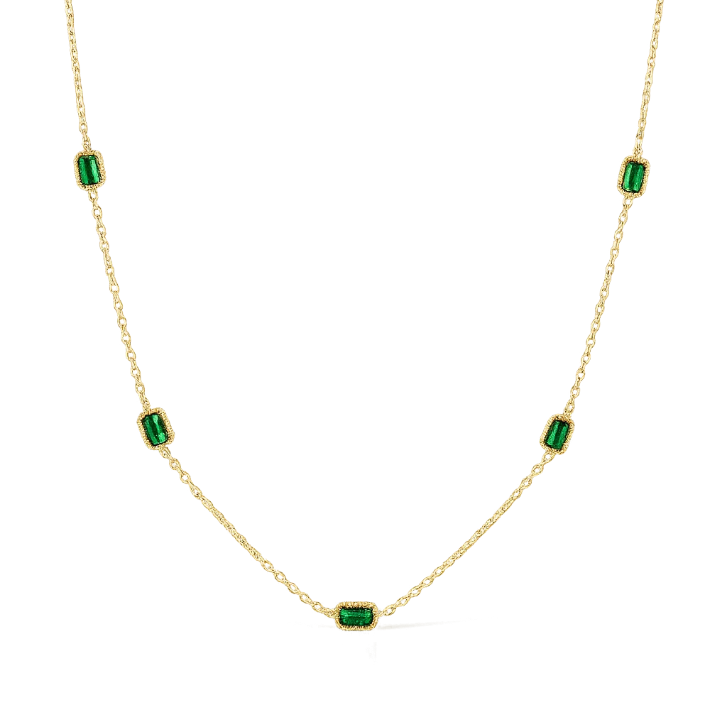 Collar ZAYA con puntos de luz verde esmeralda en engastes rectangulares, baño de oro 18K; hipoalergénico, a prueba de agua y con garantía de por vida