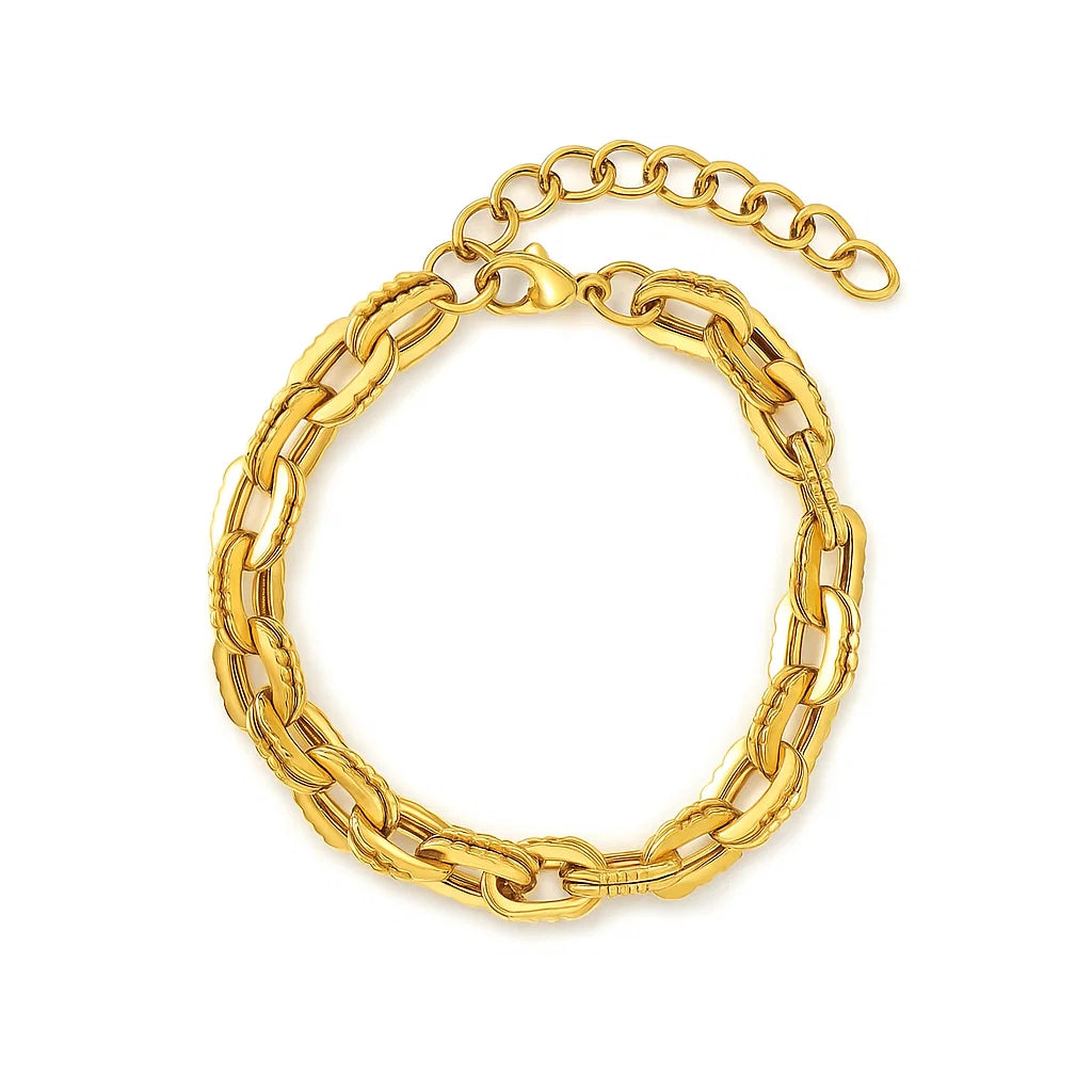Pulsera ZAYA de eslabones chunky con textura combinada, baño de oro 18K; hipoalergénica, a prueba de agua y con garantía de por vida