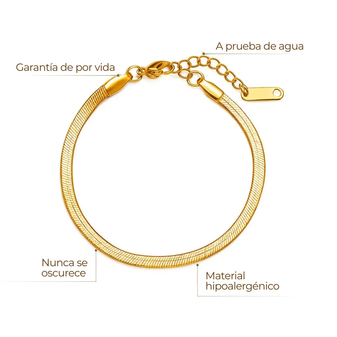Pulsera ZAYA tipo snake plana, baño de oro 18K; hipoalergénica, a prueba de agua, no se oscurece y con garantía de por vida
