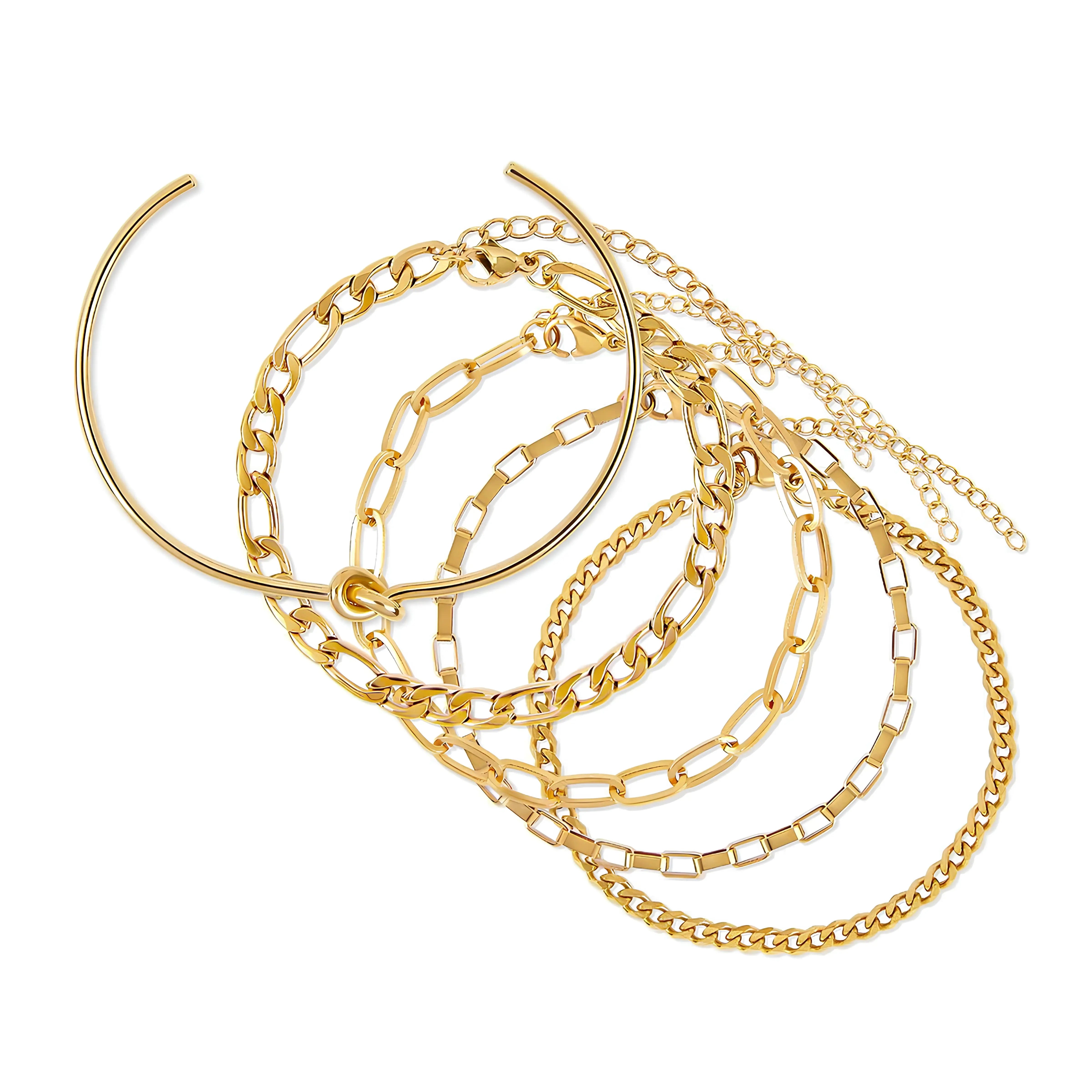 Set ZAYA con 5 pulseras doradas y brazalete rígido de nudo, baño de oro 18K; cadenas figaro, paperclip, cuadrada y curb; ajustables, hipoalergénicas y con garantía de por vida