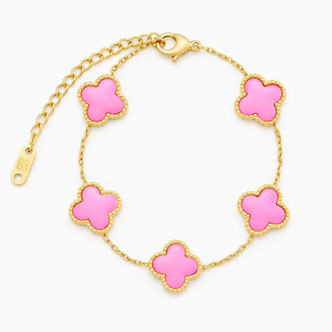 Pulsera Trébol Rosa – Baño de Oro 18K