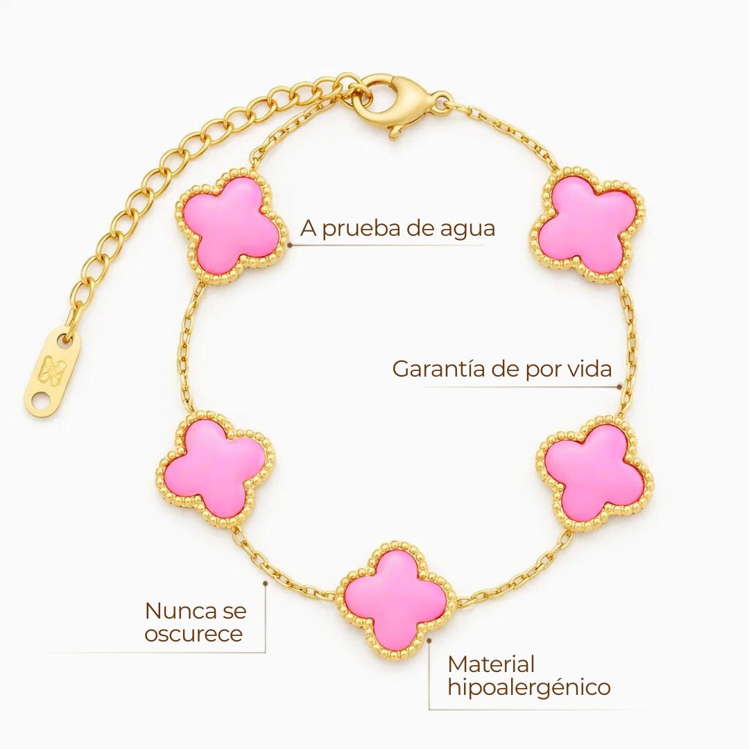 Pulsera Trébol Rosa – Baño de Oro 18K