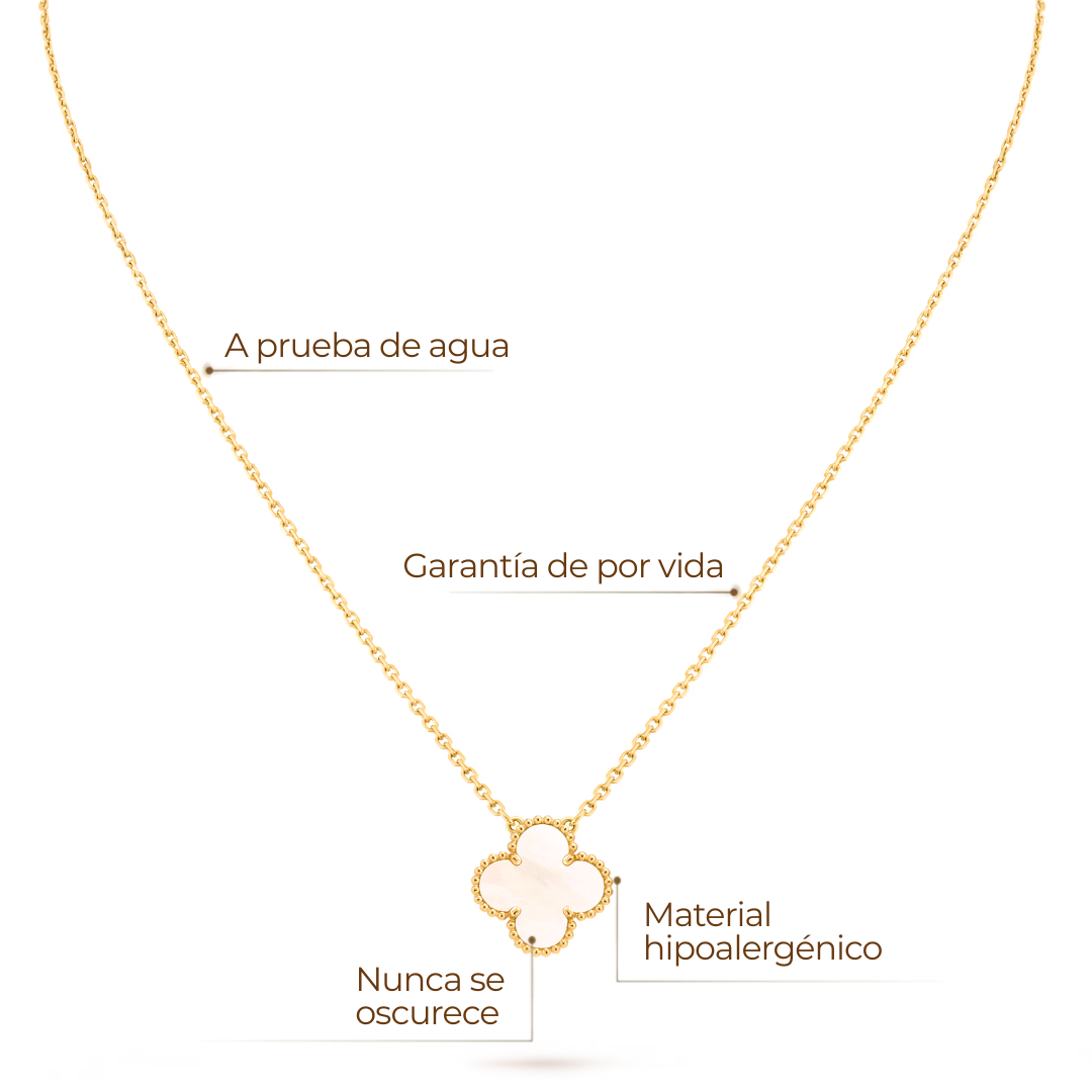 Collar Trébol Blanco Solitario – Baño de Oro 18K