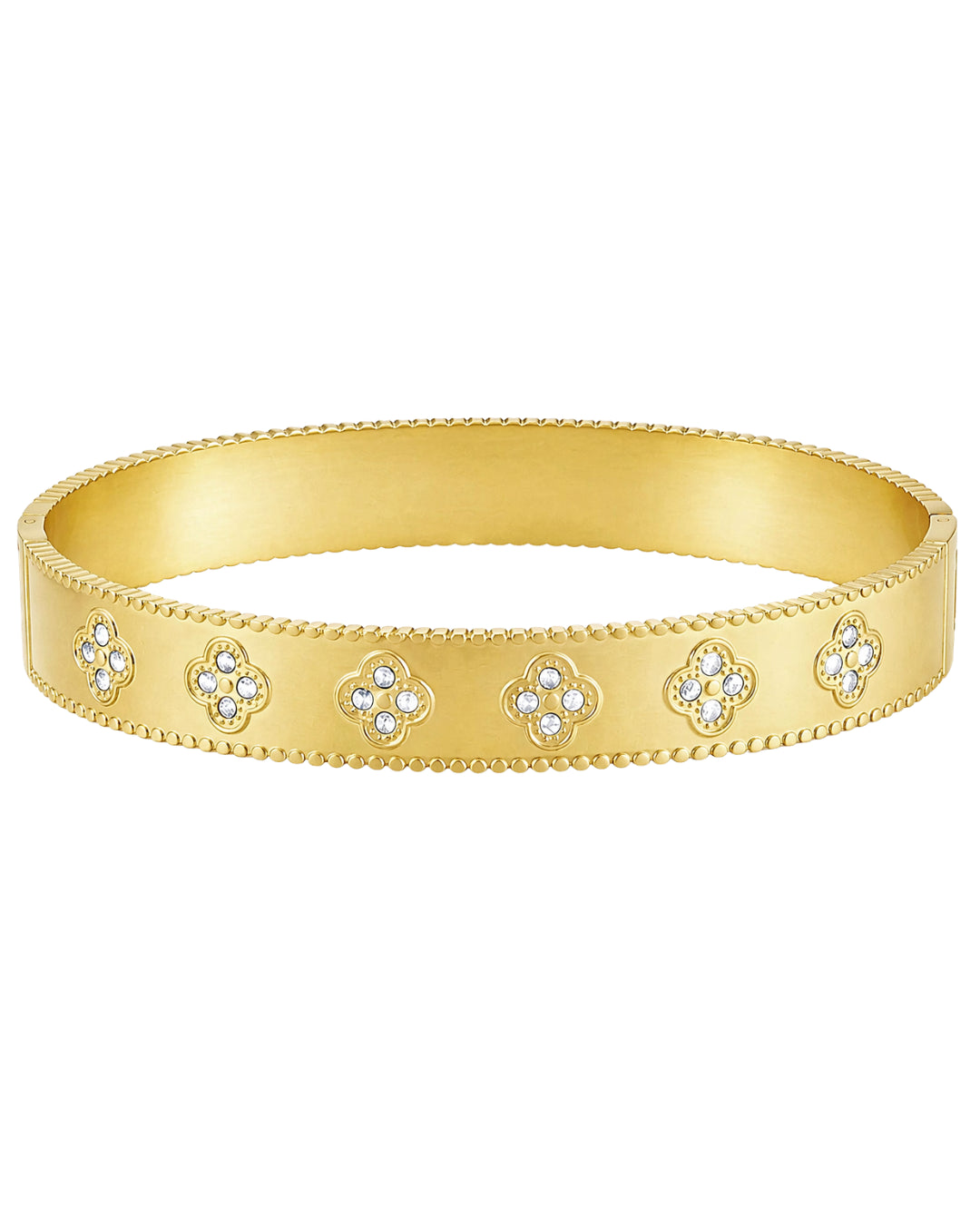 Brazalete rígido con detalles tipo tornillo y zirconias incrustadas. Baño de oro 18K; hipoalergénico, a prueba de agua y con garantía de por vida.