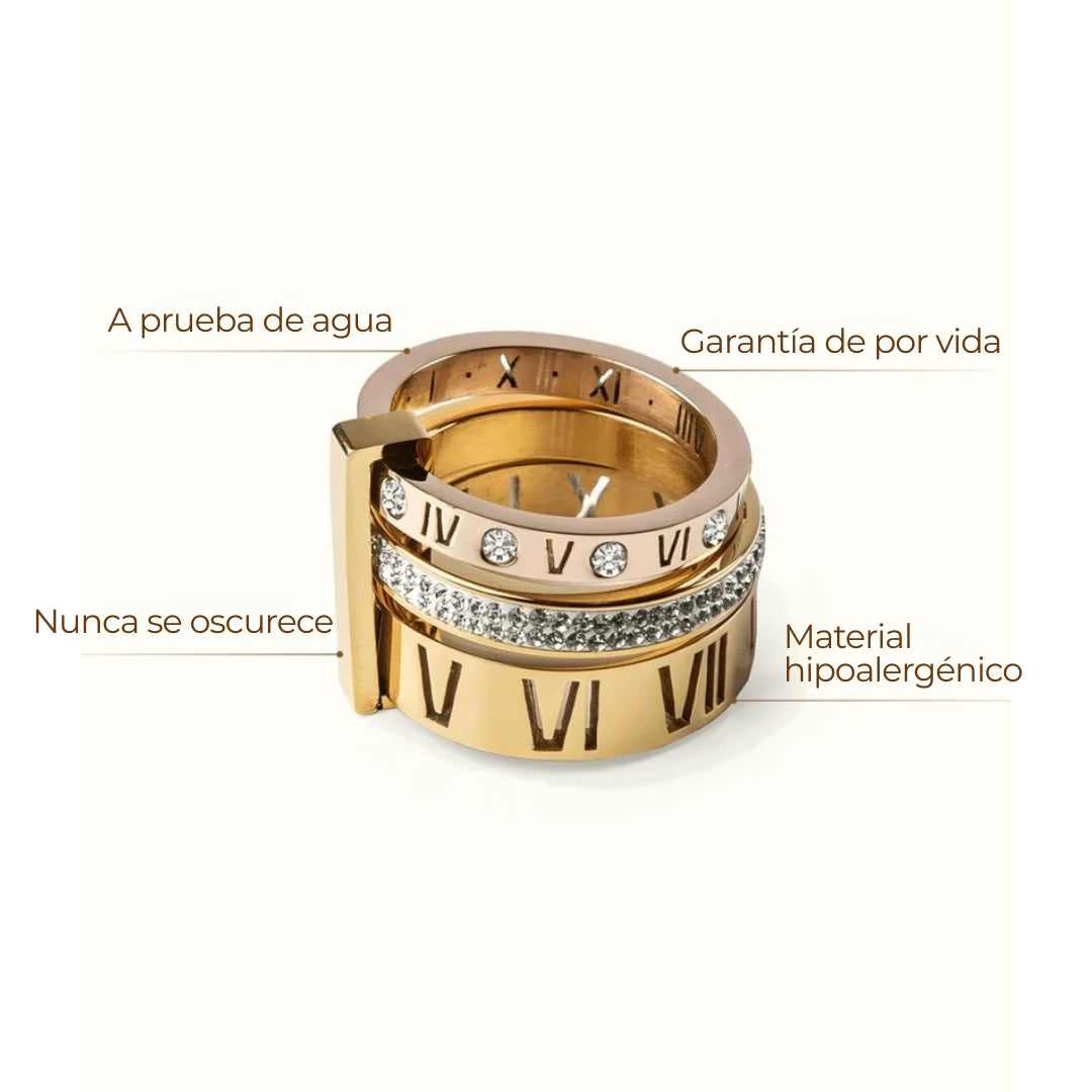 Anillo Aro Triple Números Romanos - Baño de Oro 18K