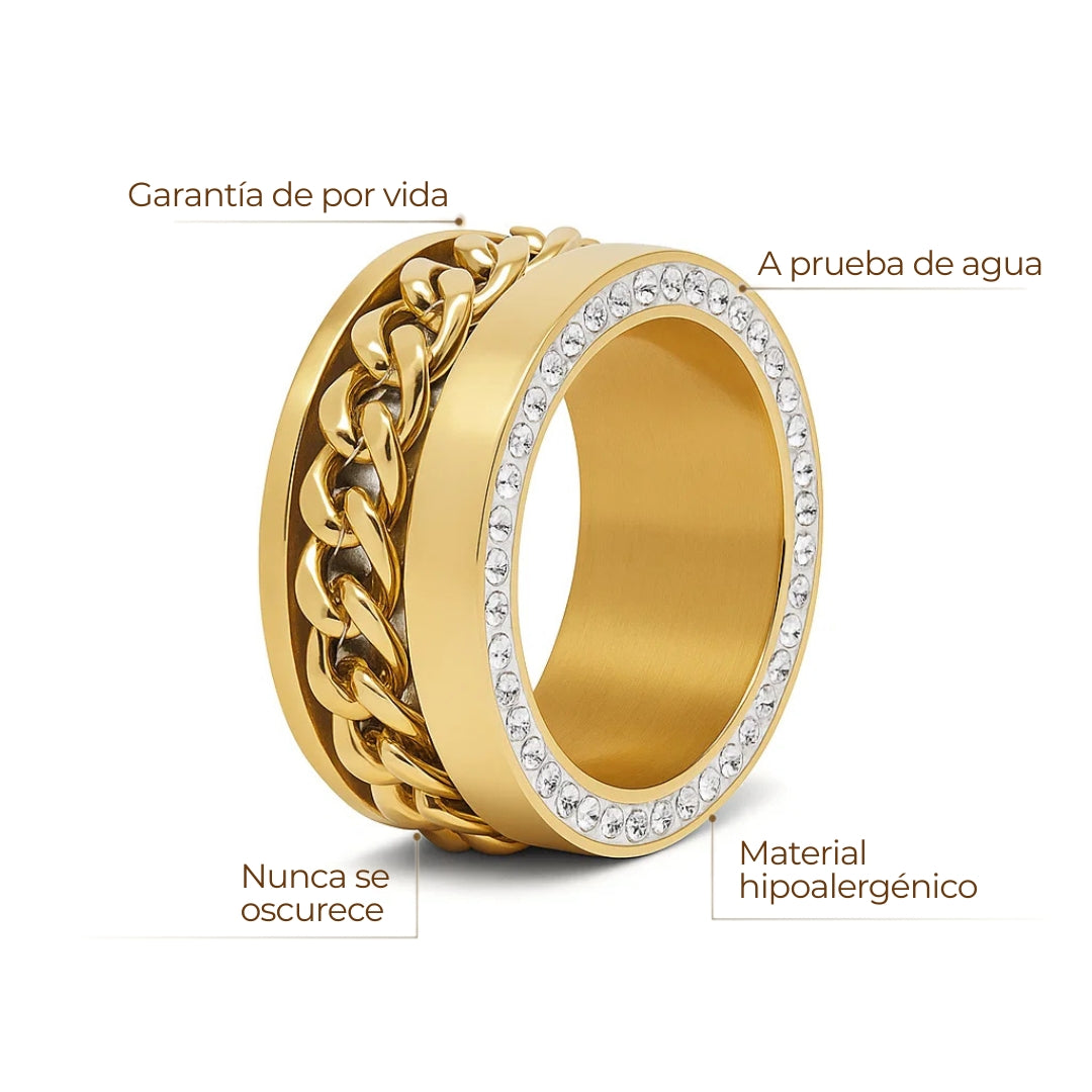 Anillo ZAYA ancho con cadena central y borde de zirconias, baño de oro 18K; hipoalergénico, a prueba de agua y con garantía de por vida.