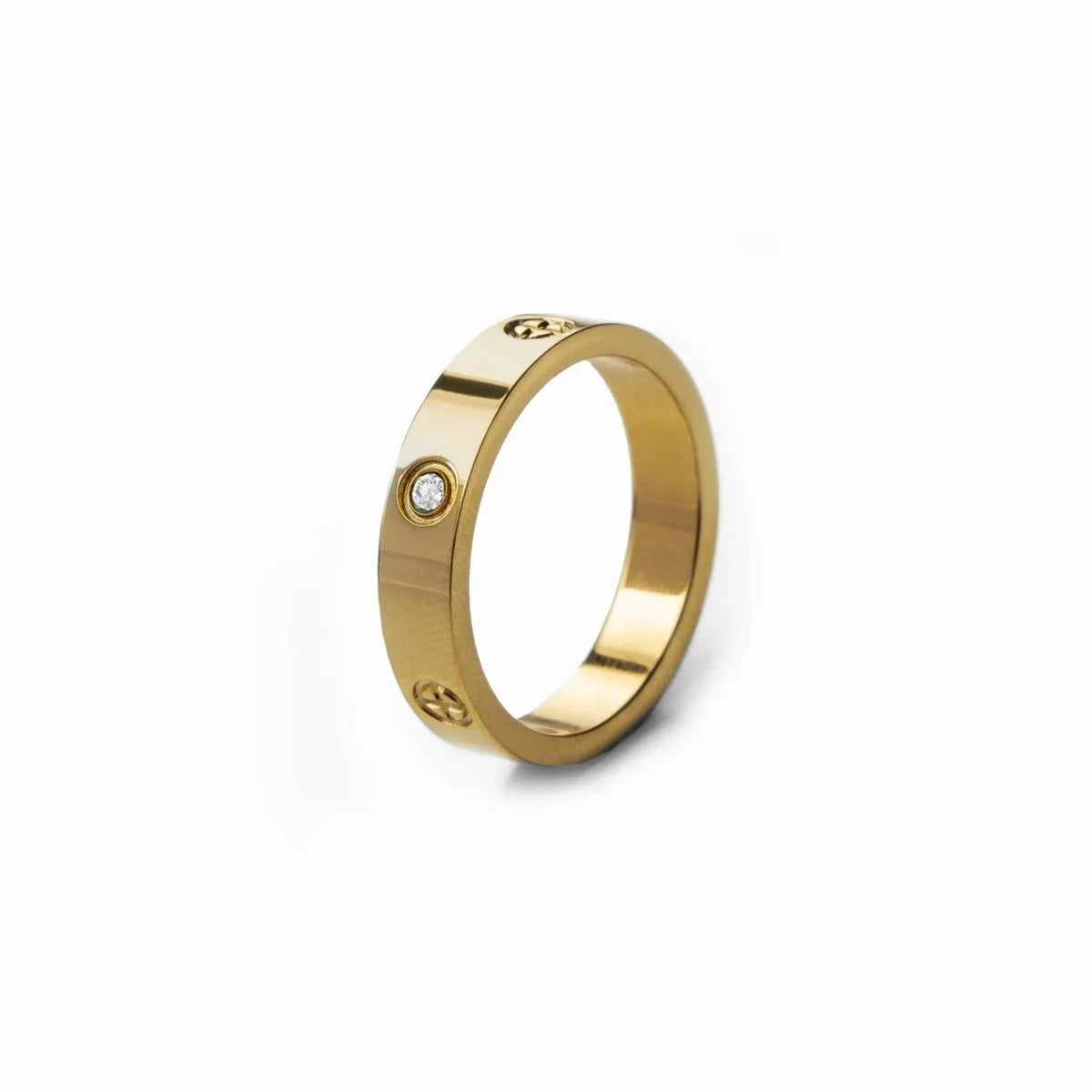 Anillo ZAYA clásico con detalles tipo tornillo y circonias, baño de oro 18K; a prueba de agua, no se oscurece, hipoalergénico y con garantía de por vida.
