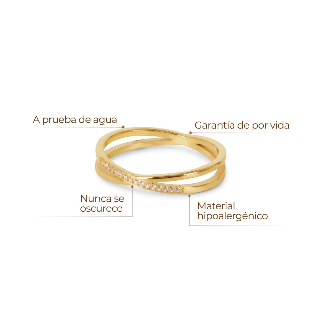Anillo ZAYA doble Lucía con circonias pavé, baño de oro 18K; a prueba de agua, no se oscurece, hipoalergénico y con garantía de por vida.