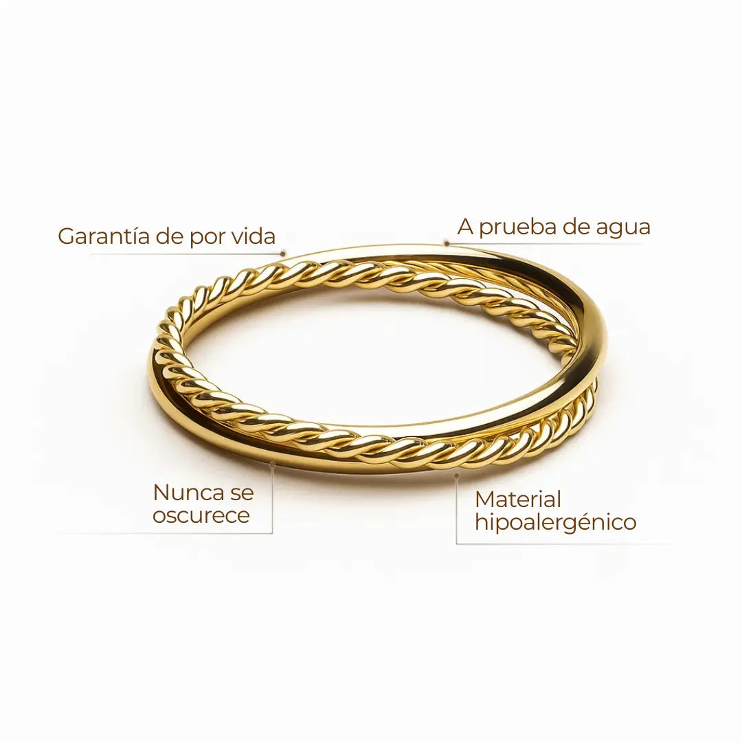 Anillo Harmony Doble dorado, dos aros finos entrelazados (liso y cordón), baño de oro 18K sobre acero inoxidable 316L, resistente al agua.