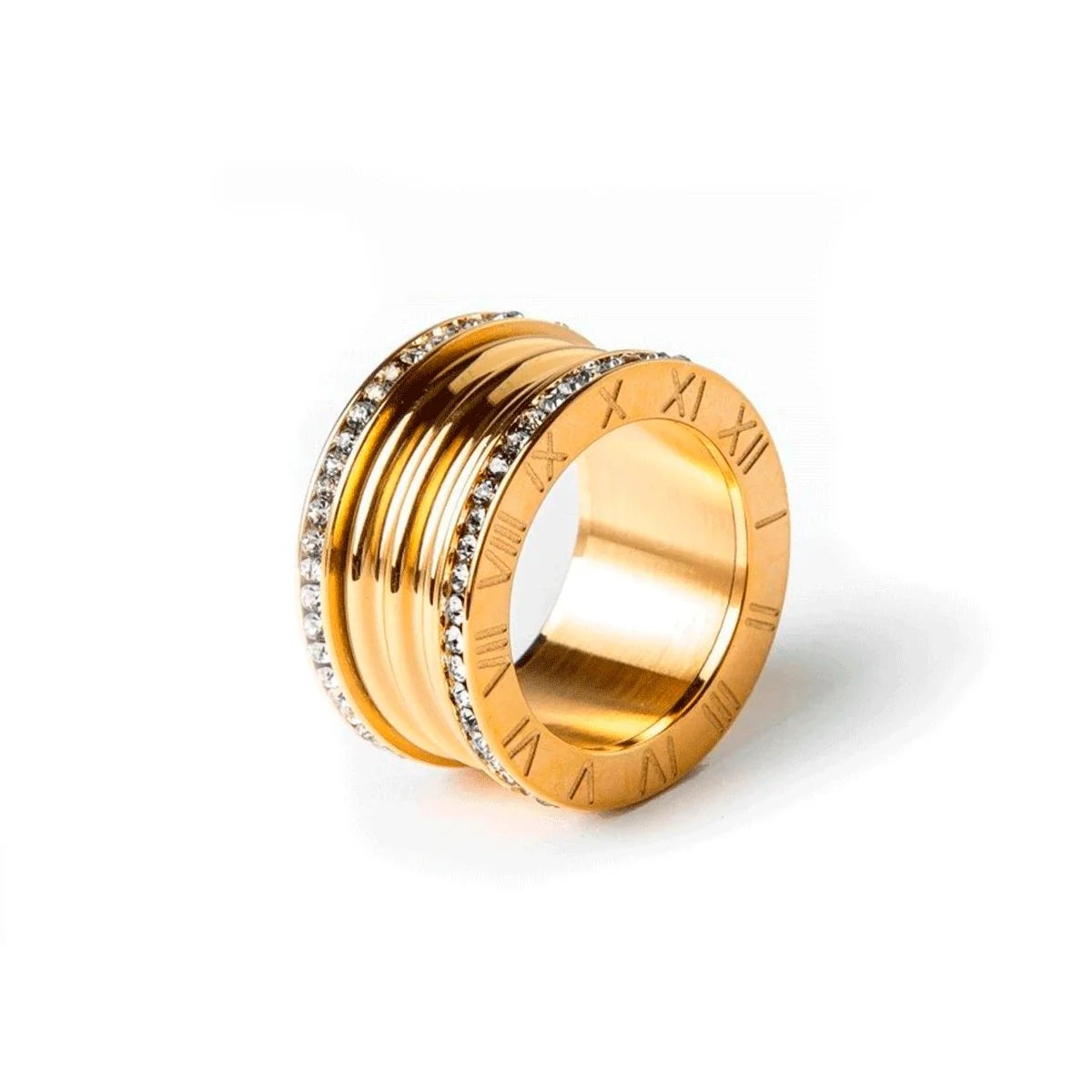 Anillo ZAYA Lujo Imperial con números romanos y circonia, baño de oro 18K; a prueba de agua, no se oscurece, hipoalergénico y con garantía de por vida.