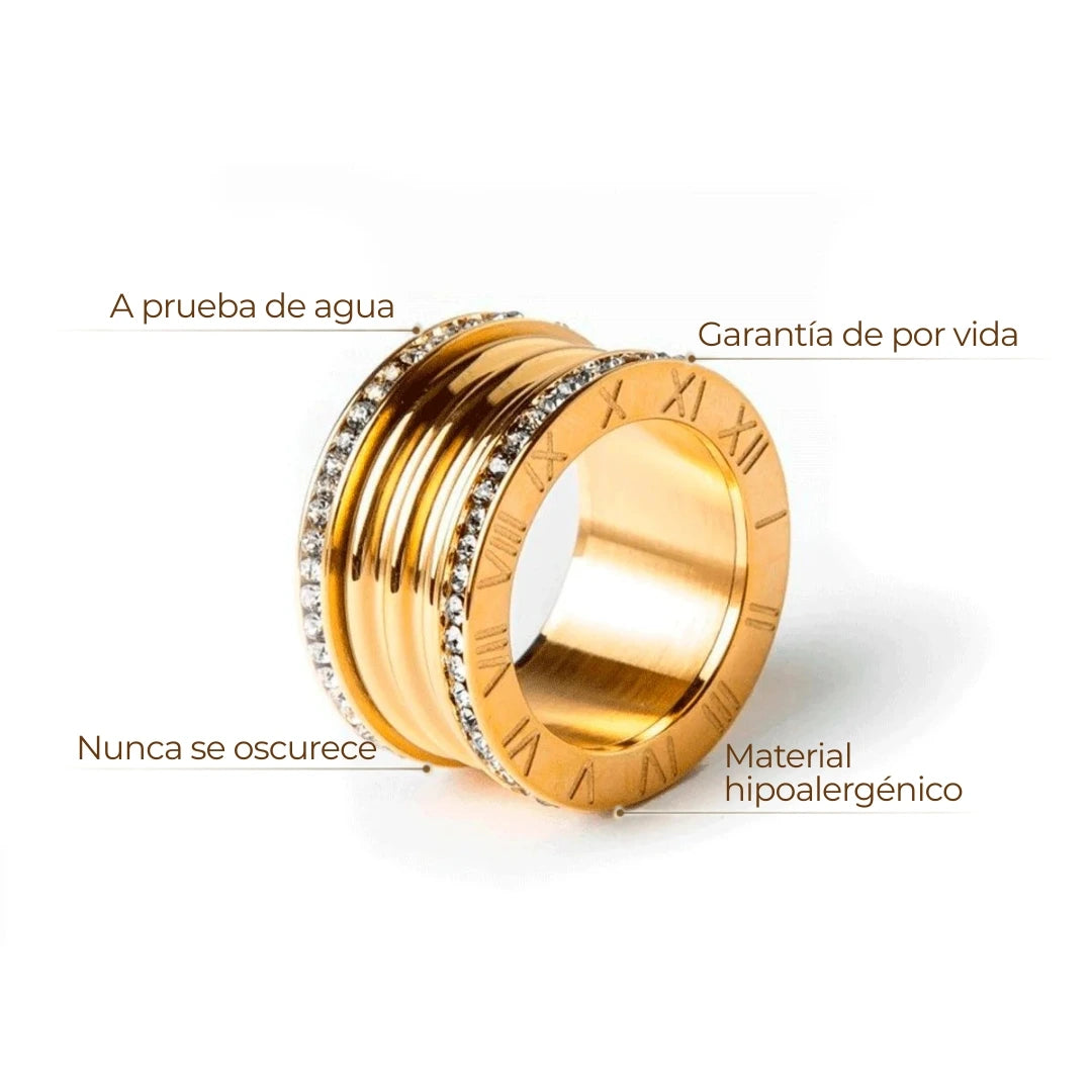 Anillo ZAYA Lujo Imperial con números romanos y circonia, baño de oro 18K; a prueba de agua, no se oscurece, hipoalergénico y con garantía de por vida.