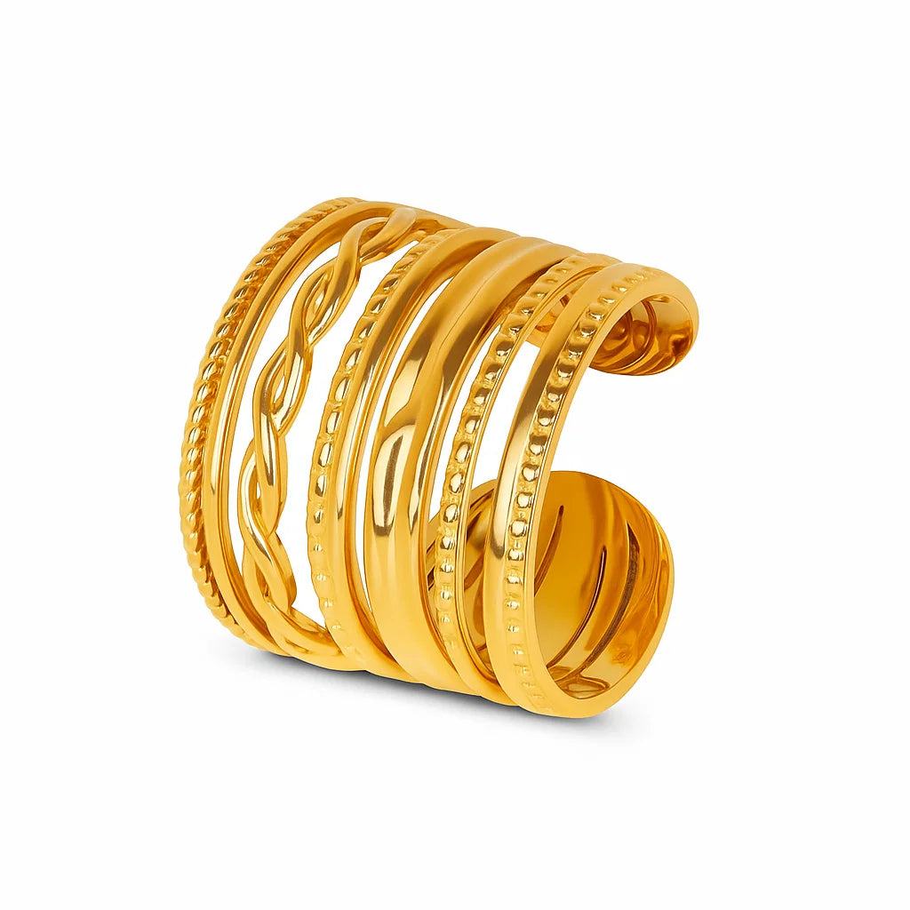 Anillo ZAYA Royale ajustable ancho de múltiples bandas, baño de oro 18K; a prueba de agua, no se oscurece, hipoalergénico y con garantía de por vida.