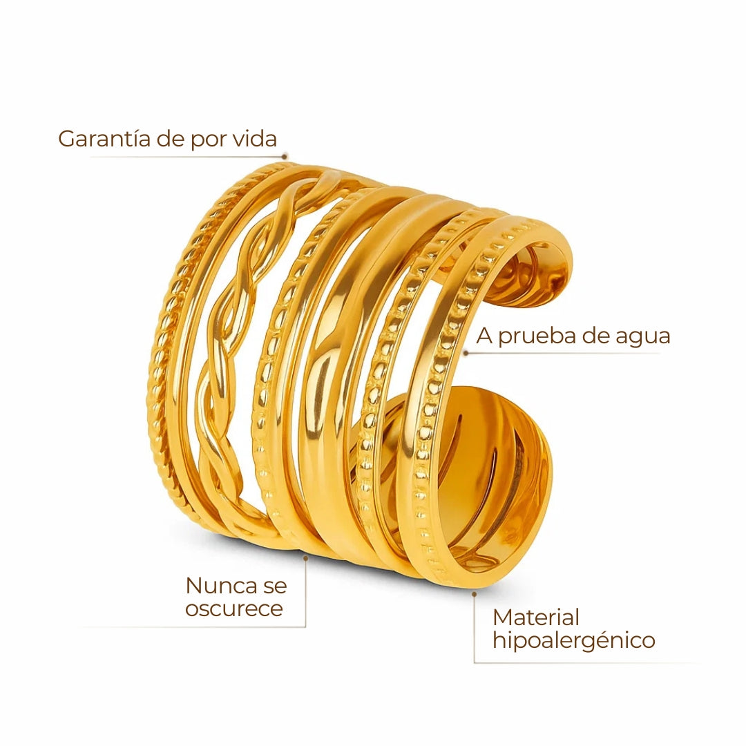 Anillo ZAYA Royale ajustable ancho de múltiples bandas, baño de oro 18K; a prueba de agua, no se oscurece, hipoalergénico y con garantía de por vida.