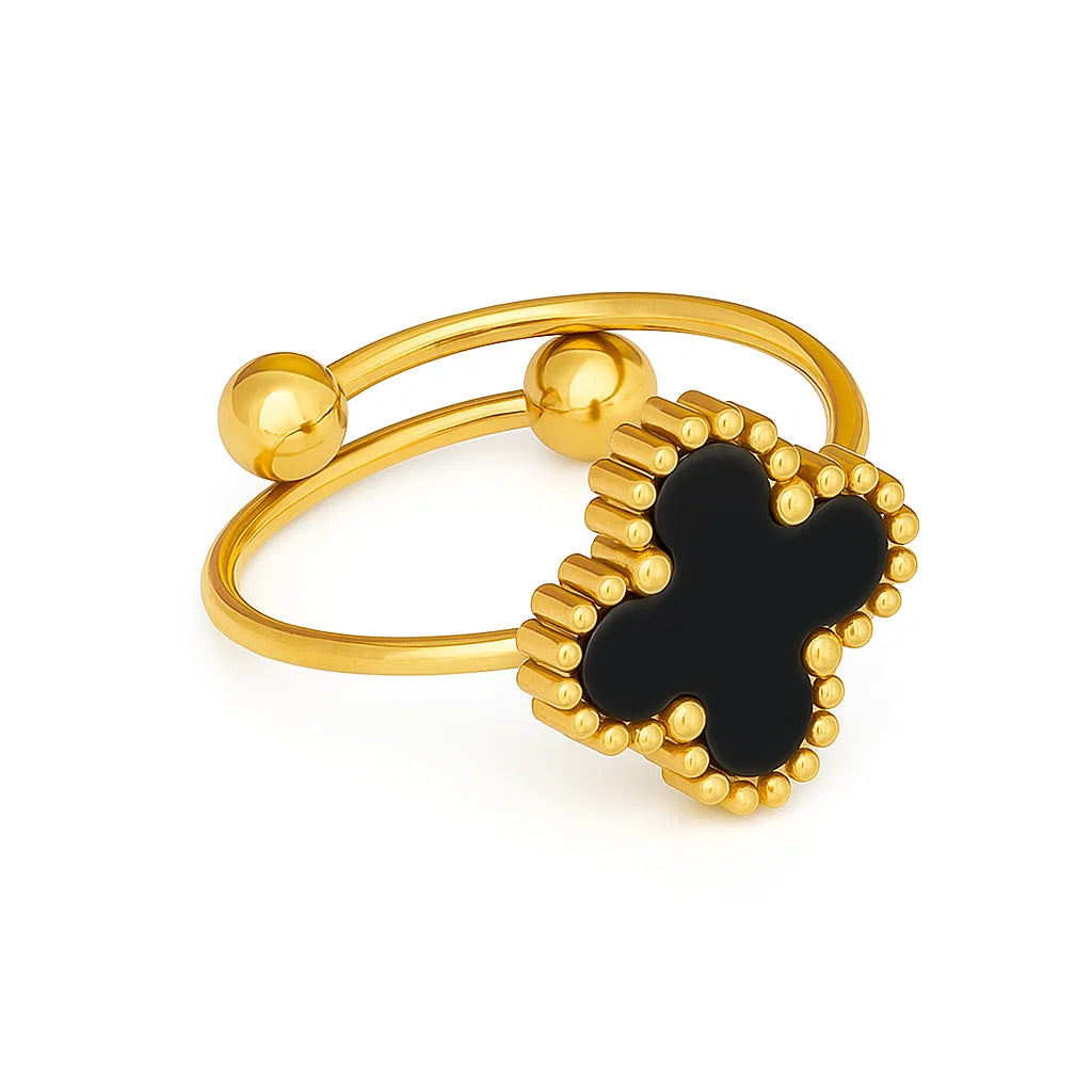 Anillo ZAYA ajustable con trébol negro esmaltado y aro doble, baño de oro 18K; hipoalergénico, a prueba de agua y con garantía de por vida.