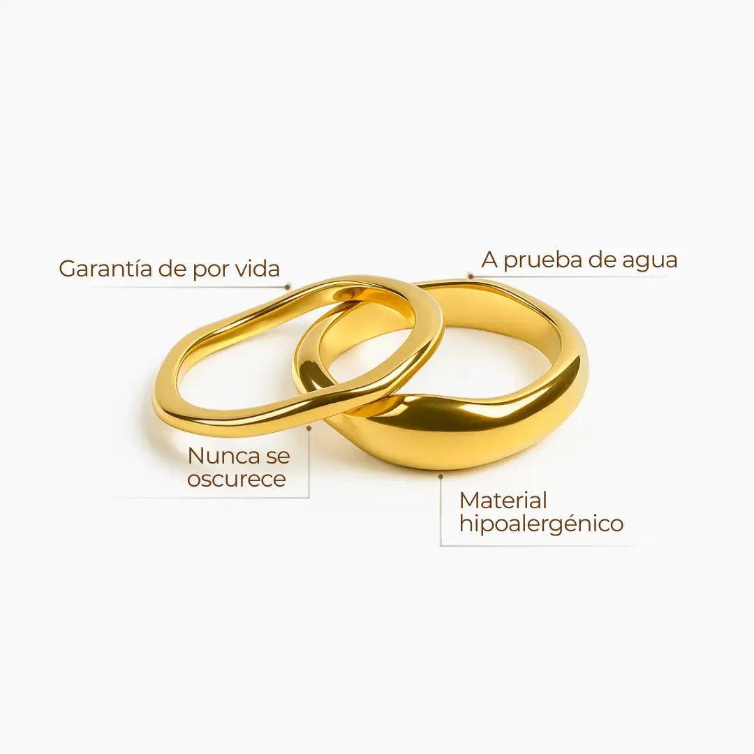 Set de 2 anillos apilables “Géminis” dorados, uno fino orgánico y otro chunky, baño de oro 18K sobre acero inoxidable 316L, resistentes al agua.