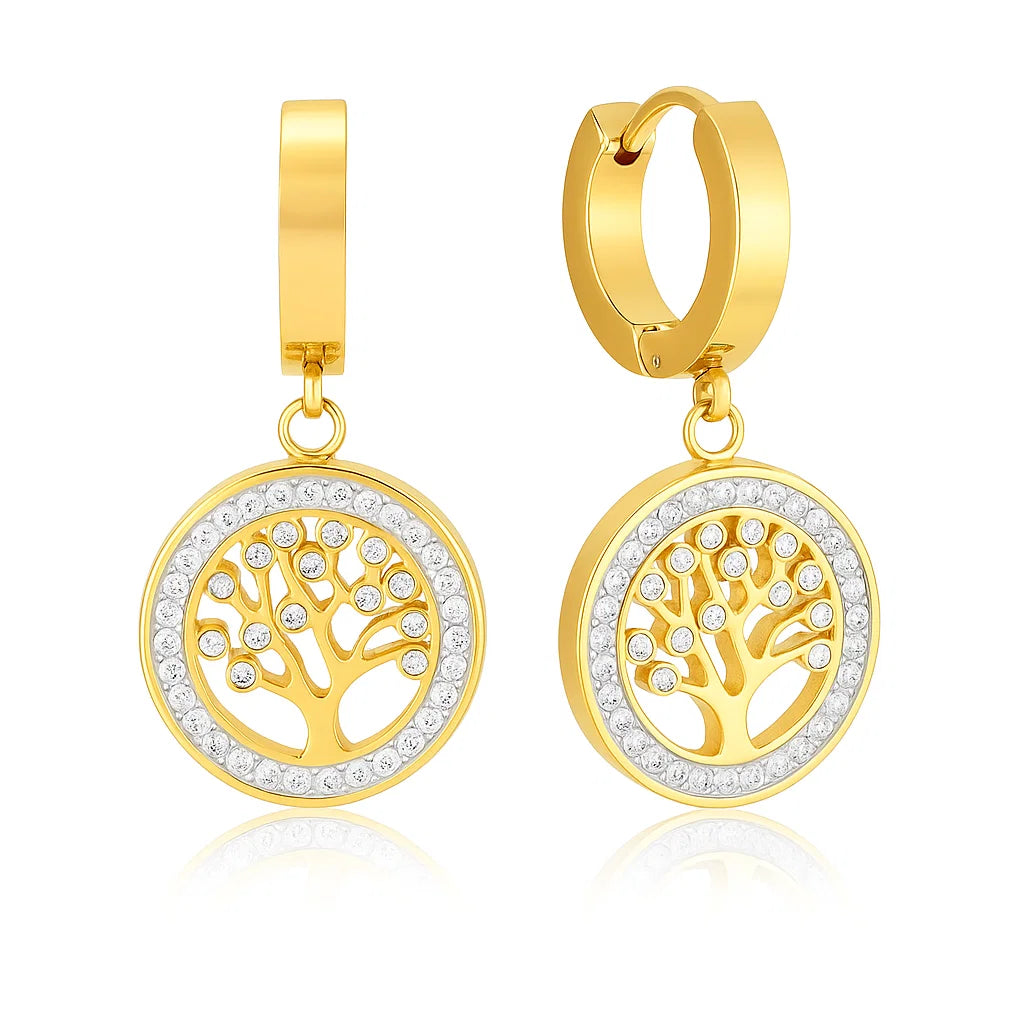 Aros dorados con argolla pequeña y dije redondo de Árbol de la Vida calado, rodeado de zirconias brillantes en baño de oro 18K de ZAYA 