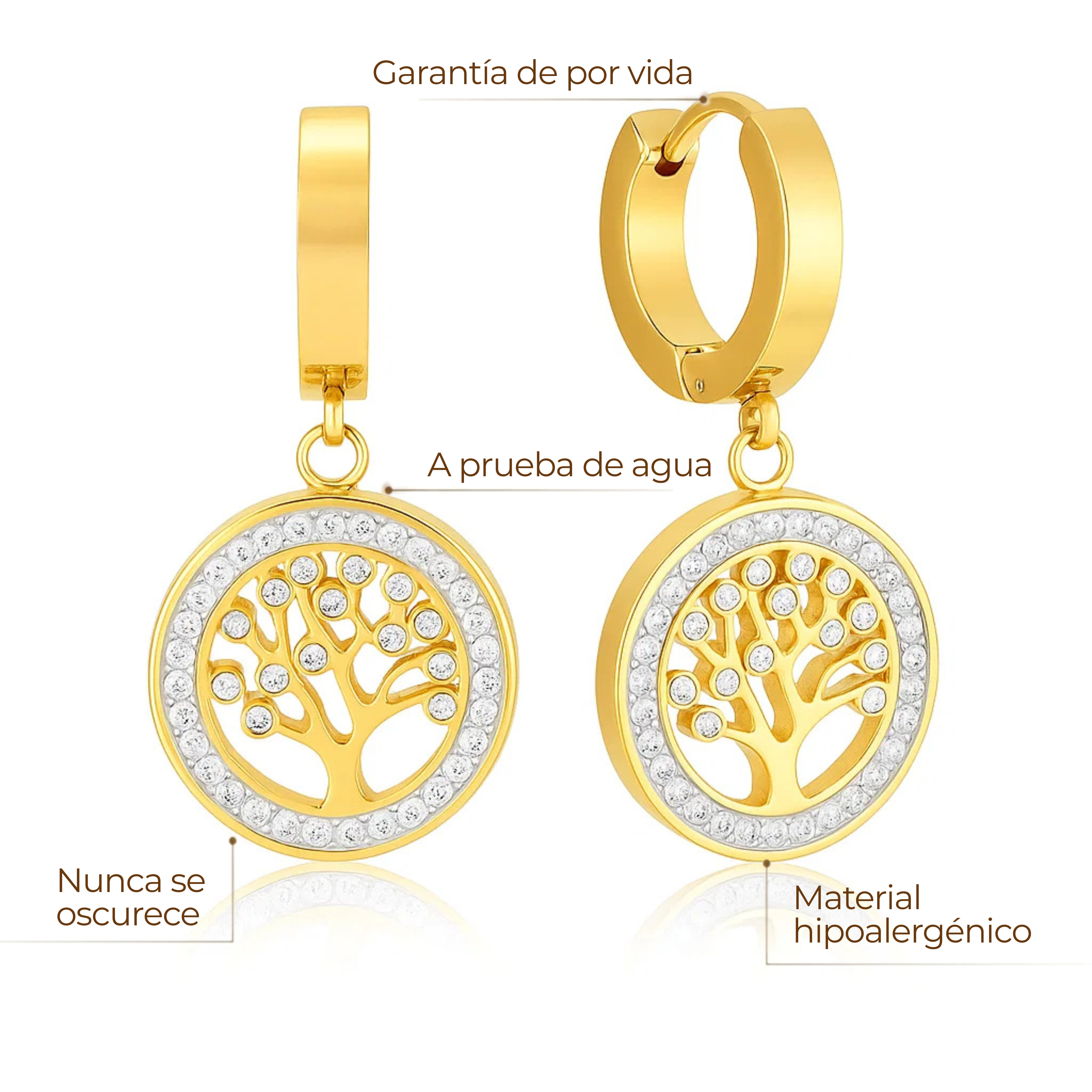 Aros dorados con argolla pequeña y dije redondo de Árbol de la Vida calado, rodeado de zirconias brillantes en baño de oro 18K de ZAYA 