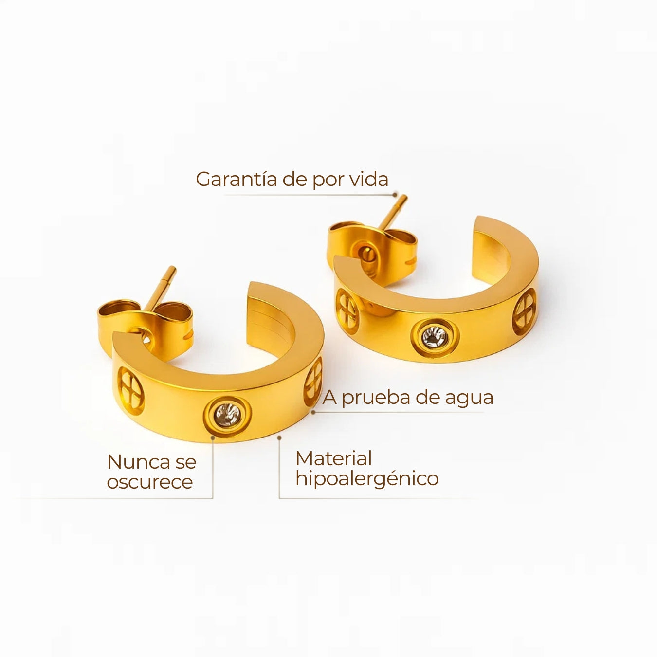 Par de aros argolla media luna dorados con zirconias y detalle tipo tornillo, baño de oro 18K sobre acero inoxidable 316L.