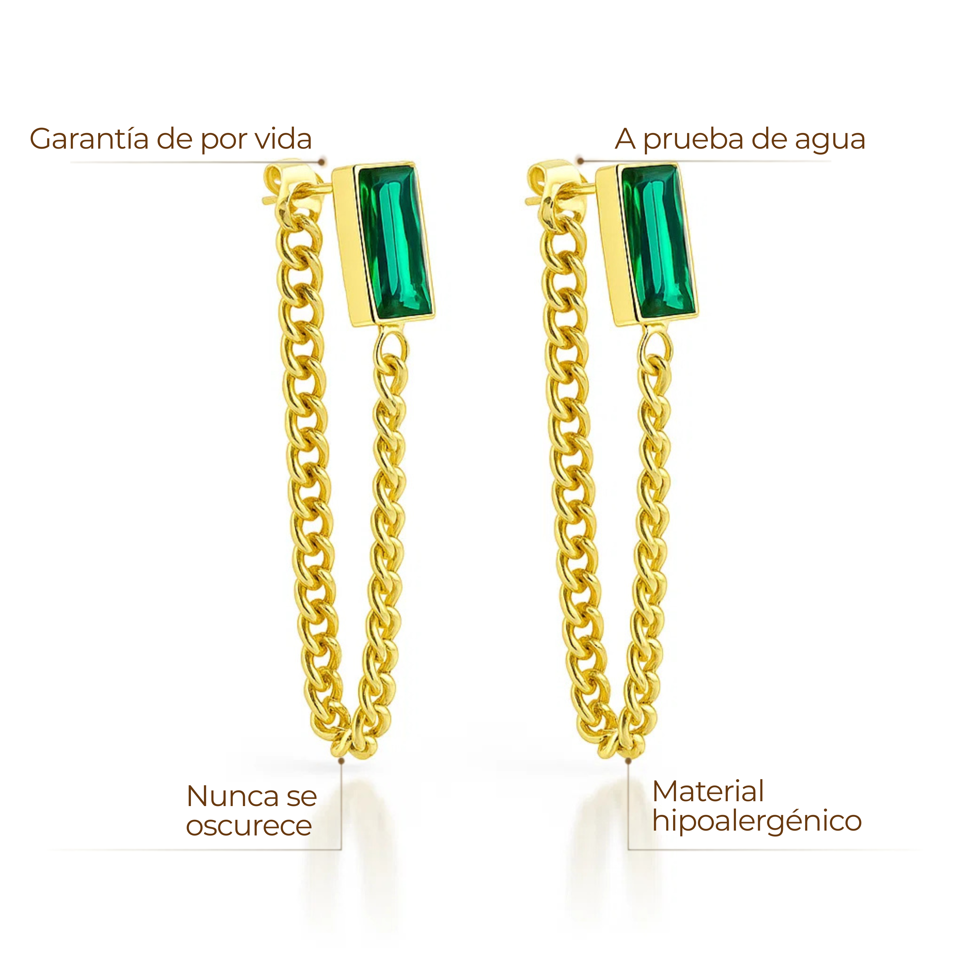 Aros dorados largos con cadena fina y piedra rectangular verde esmeralda en baño de oro 18K de ZAYA