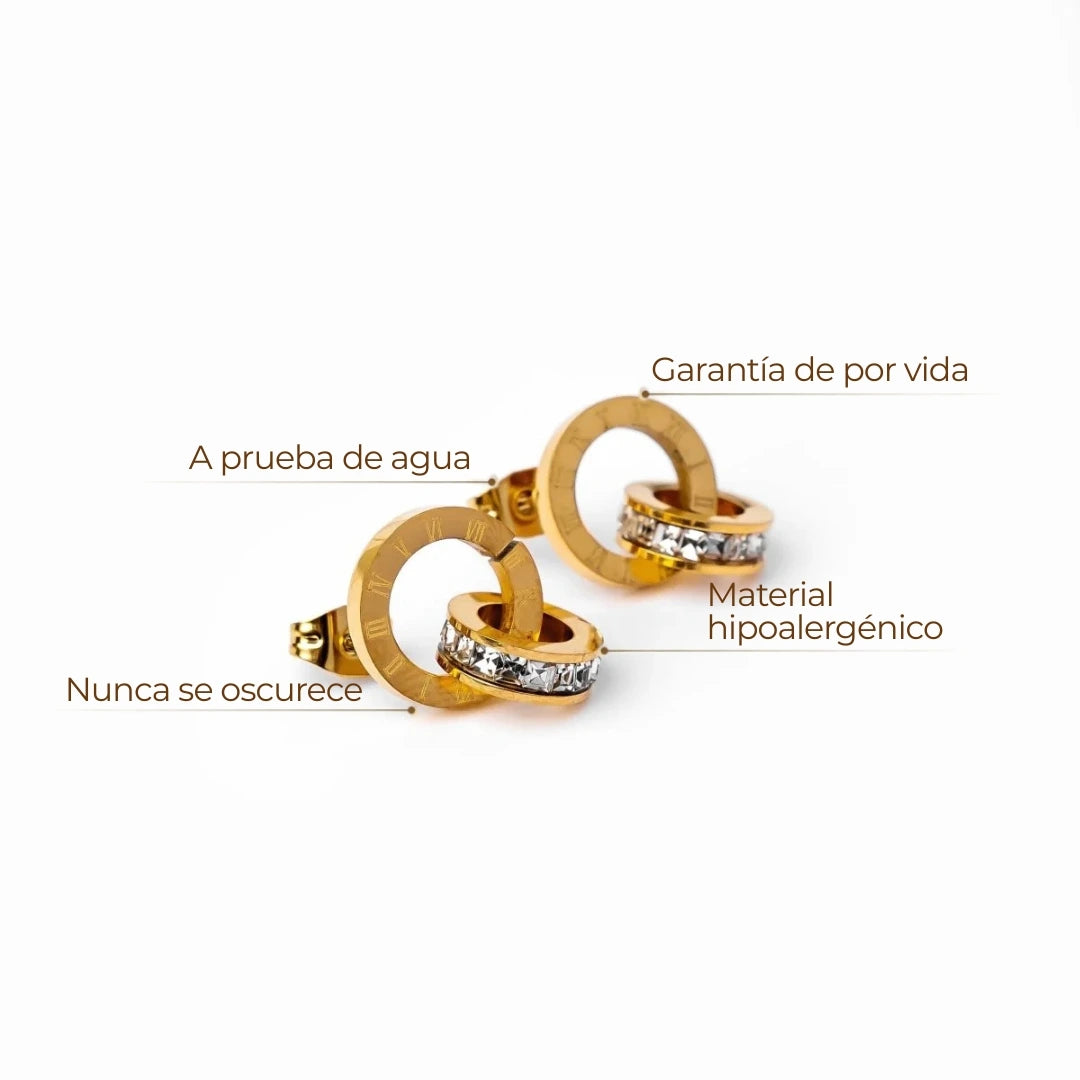 Aros ZAYA imperiales de doble aro con números romanos y circonias, baño de oro 18K; a prueba de agua, no se oscurecen, hipoalergénicos y con garantía de por vida.