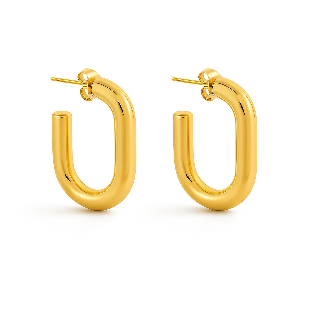 Aros Piper en U, baño de oro 18K, acero inoxidable 316L hipoalergénico; brillo alto y diseño liviano.