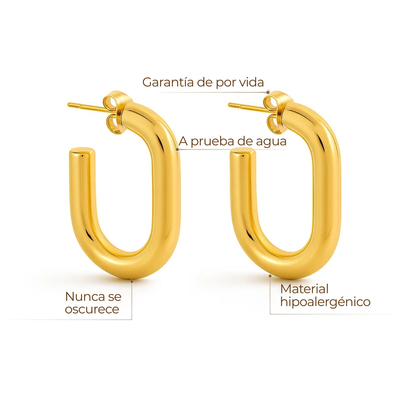 Aros Piper en U, baño de oro 18K, acero inoxidable 316L hipoalergénico; brillo alto y diseño liviano.