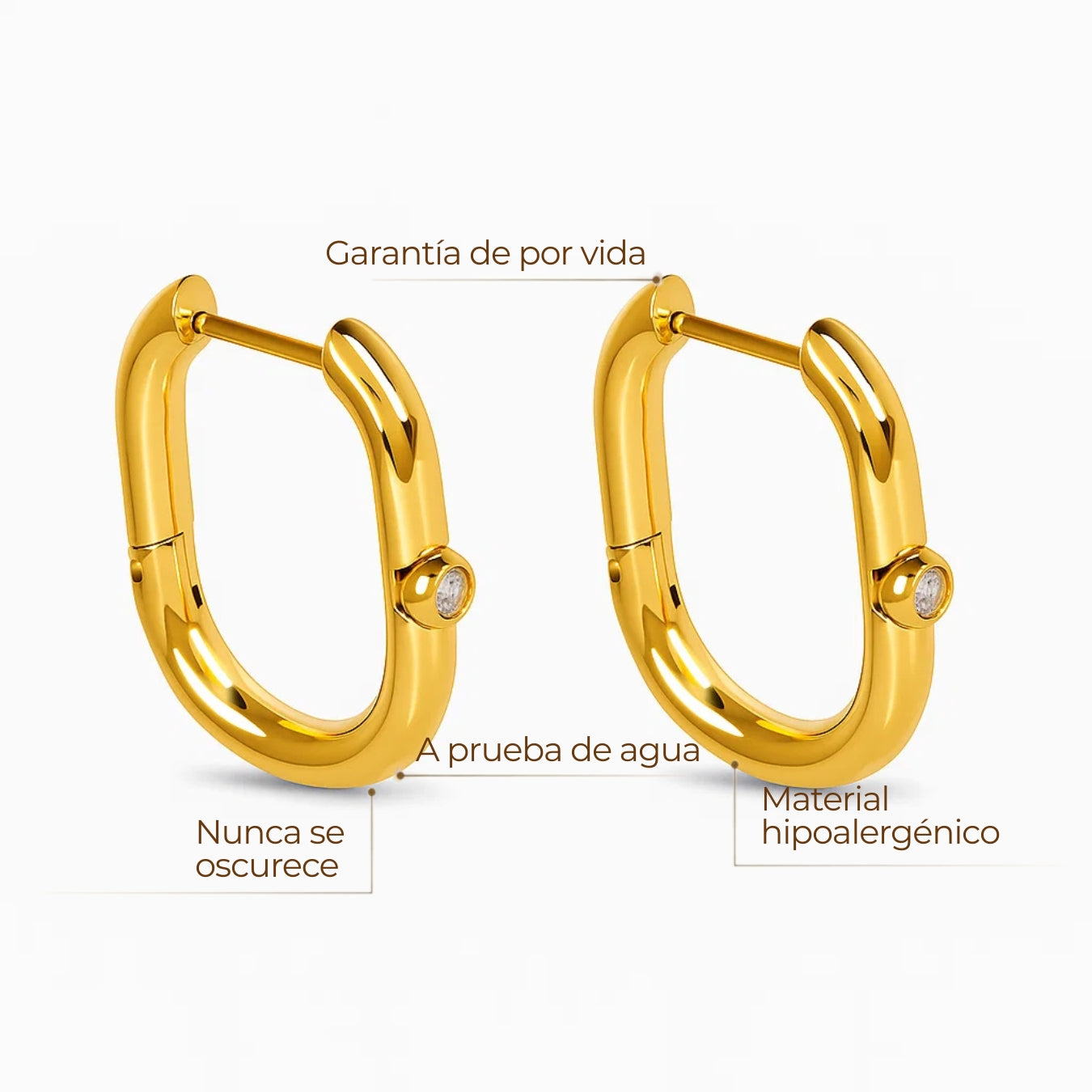 Aros ovalados dorados con pequeña circonia al frente, baño de oro 18K en acero inoxidable 316L.