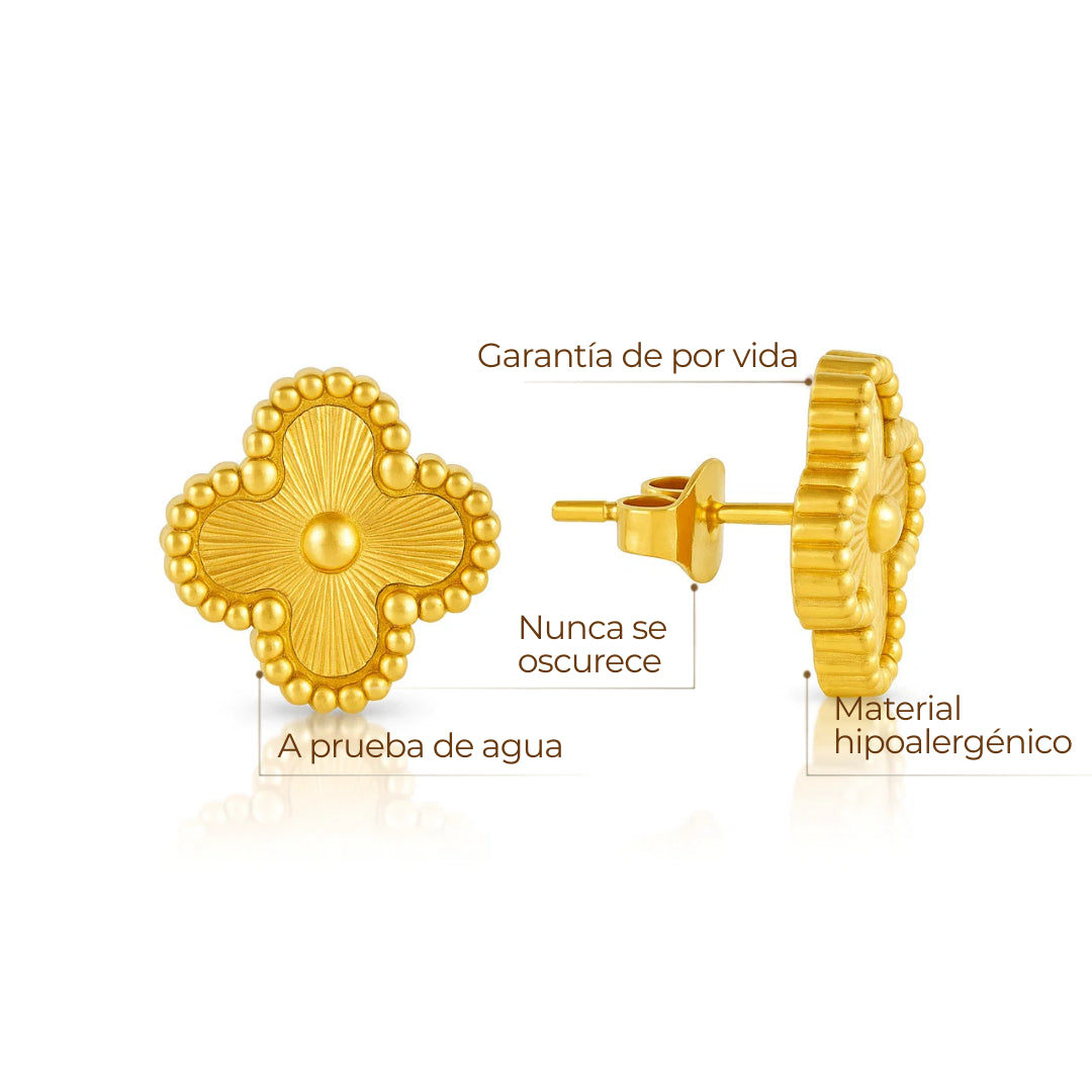 Aros ZAYA tipo stud con trébol dorado y borde texturizado, baño de oro 18K; hipoalergénicos, a prueba de agua y con garantía de por vida.
