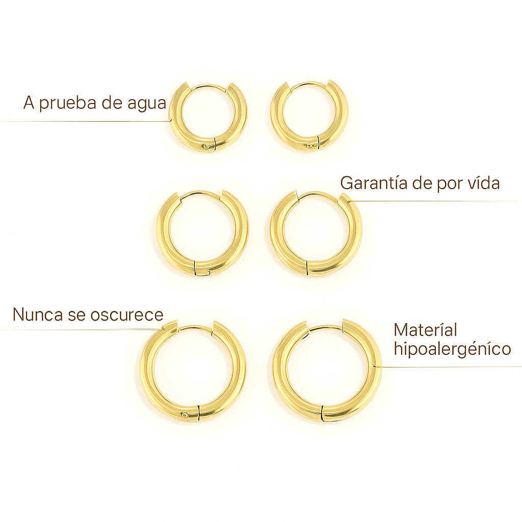 Trío de argollas ZAYA en baño de oro 18K, set de 3 tamaños; a prueba de agua, no se oscurecen, hipoalergénicas y con garantía de por vida.