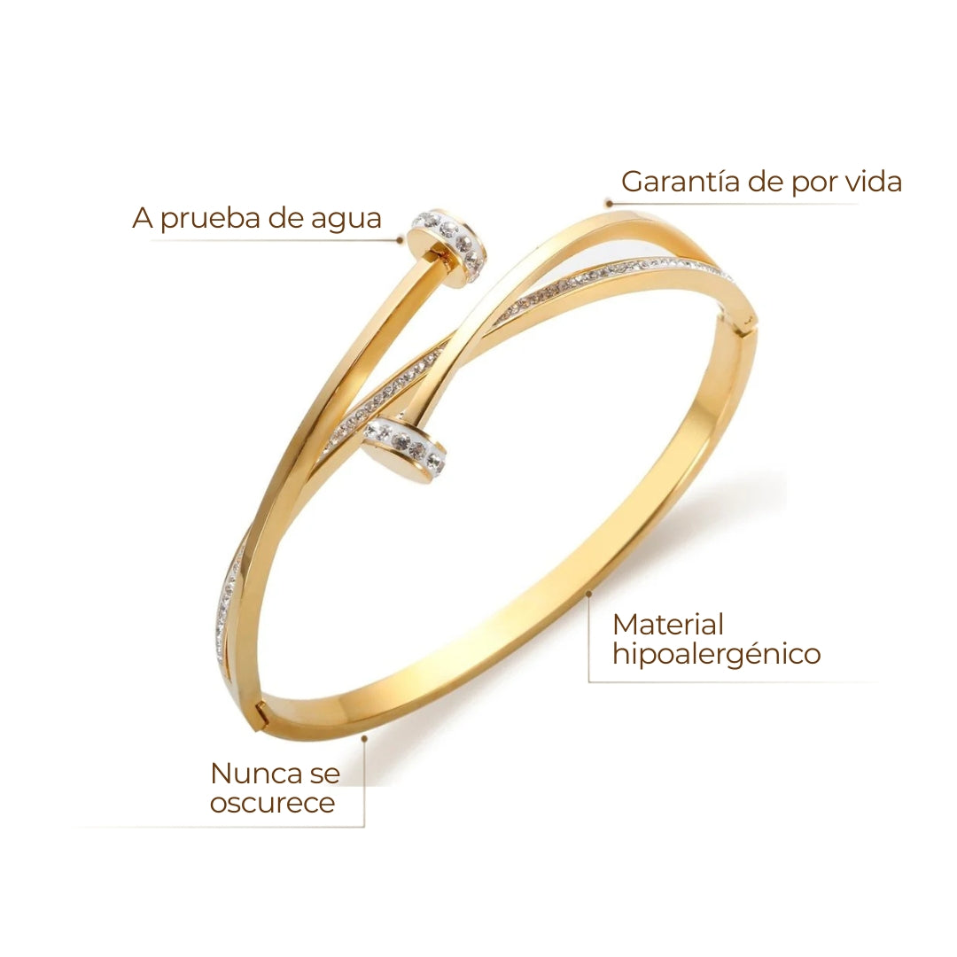 Brazalete ZAYA estilo clavo con circonias, baño de oro 18K; a prueba de agua, no se oscurece, hipoalergénico y con garantía de por vida.