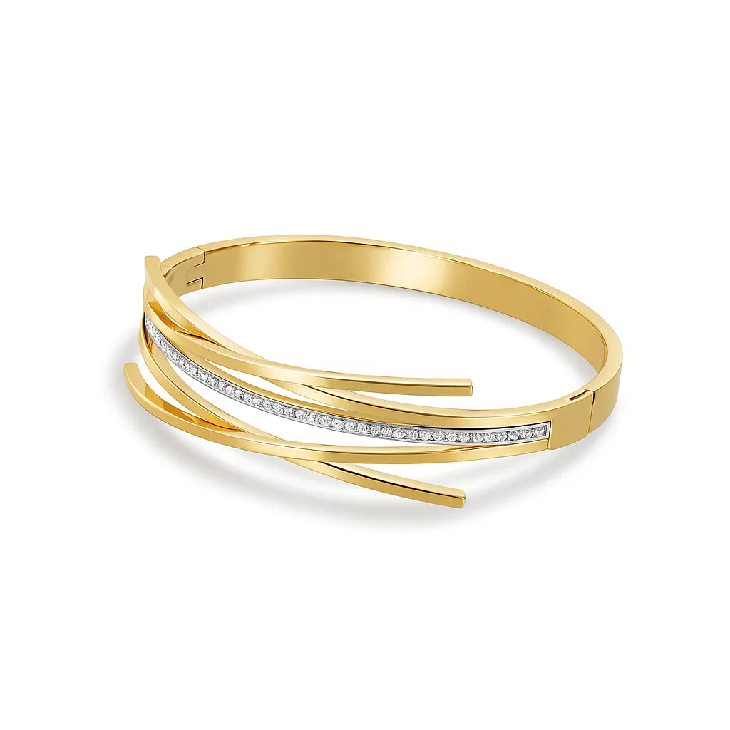 Brazalete ZAYA Florence con zirconias y líneas superpuestas, baño de oro 18K; a prueba de agua, hipoalergénico y con garantía de por vida.