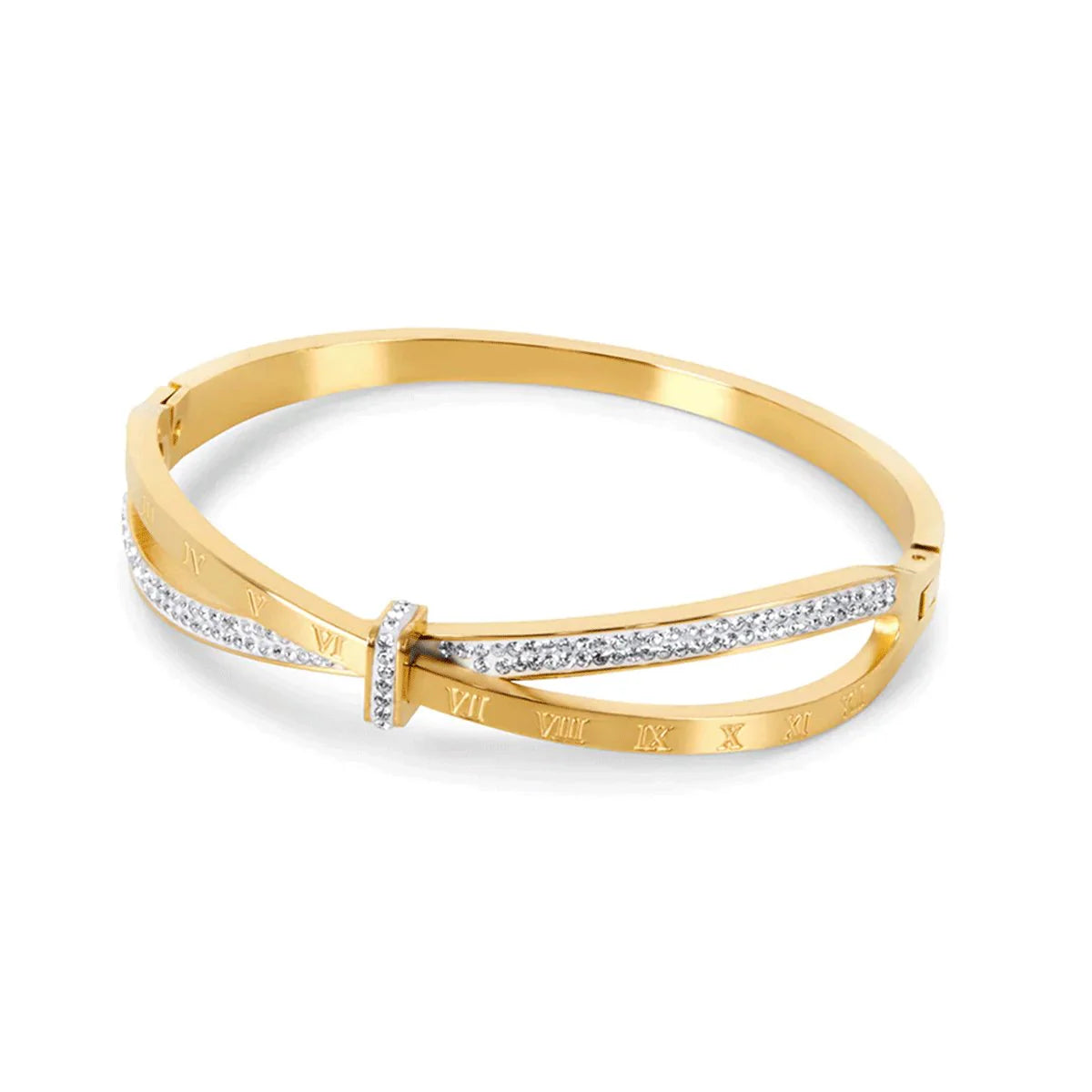 Brazalete ZAYA con números romanos y circonias pavé, baño de oro 18K; a prueba de agua, no se oscurece, hipoalergénico y con garantía de por vida.