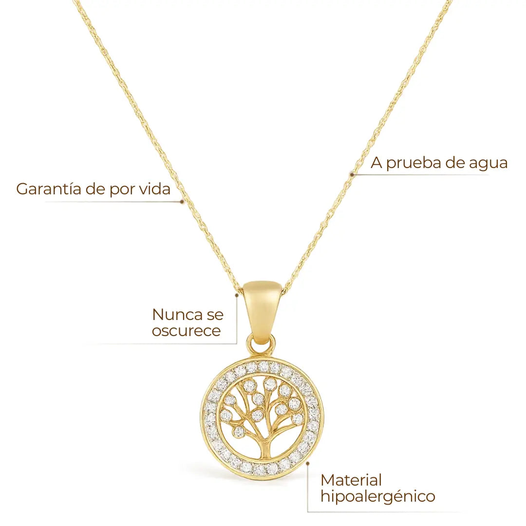 Collar ZAYA con dije Árbol de la Vida y circonias, baño de oro 18K; hipoalergénico, a prueba de agua y con garantía de por vida