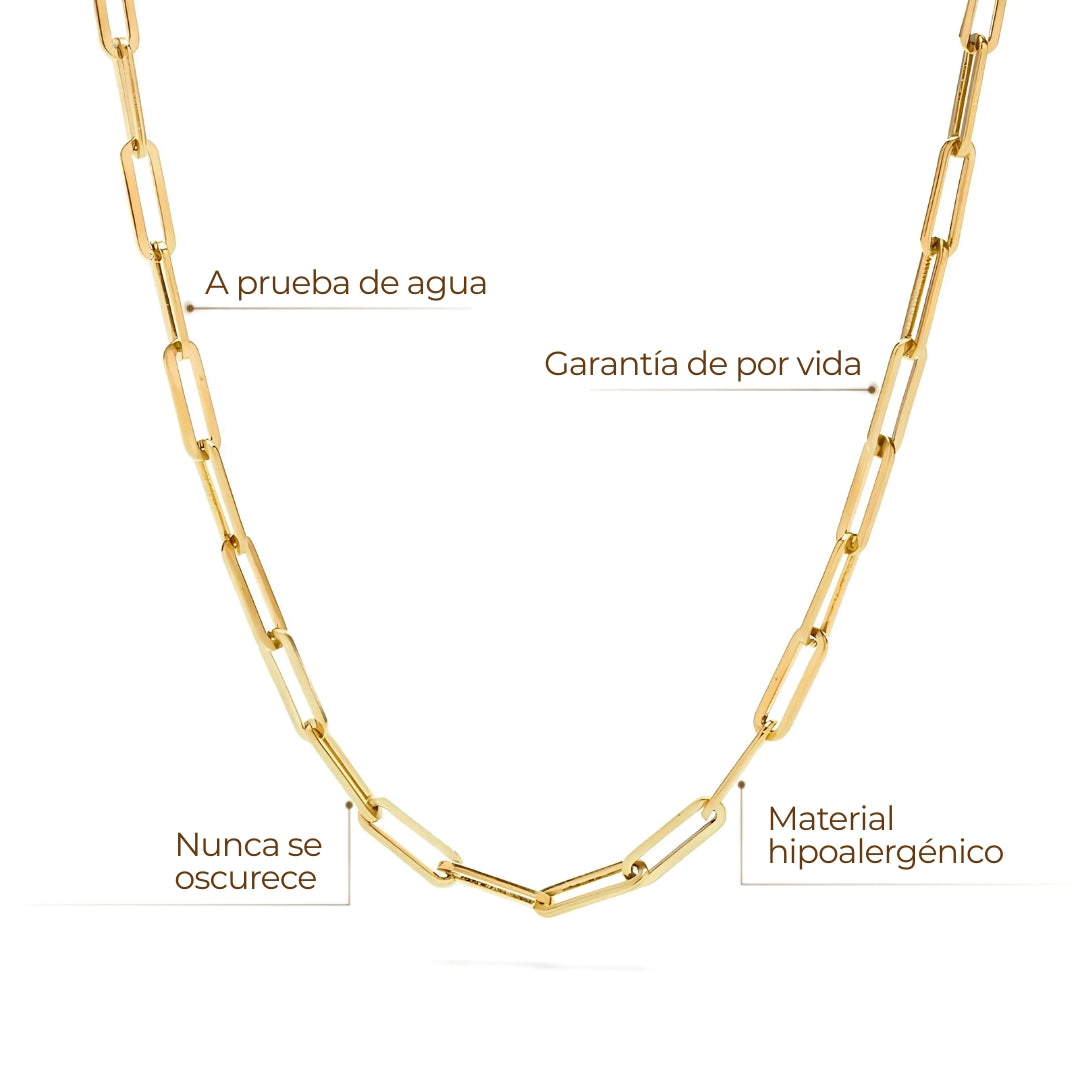 Collar ZAYA de cadena cartier (eslabones alargados) dorado, baño de oro 18K; a prueba de agua, no se oscurece, hipoalergénico y con garantía de por vida.